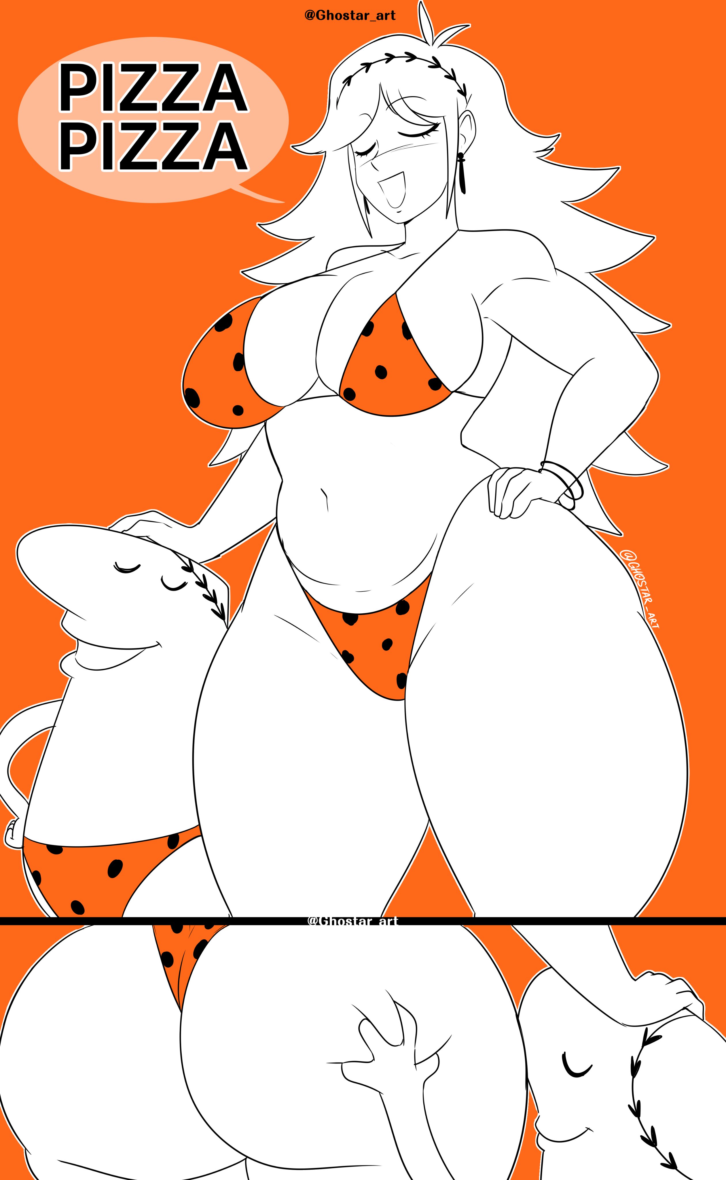 1girl1boy, ass, ass grab, big ass, big breasts, big cleopatra, big cleopatra (dangitdanger), breasts, child bearing hips, curvaceous, curvy, curvy female, curvy figure, ghostar, ghostart, grabbing ass, grabbing from behind, groping ass, little caesar, little caesars, orange bikini, polka dot, polka dot bikini, relaxed, relaxed expression, size difference, skimpy, skimpy bikini, smaller male, thick thighs, thong, thong bikini, voluptuous, voluptuous female, wide hips
