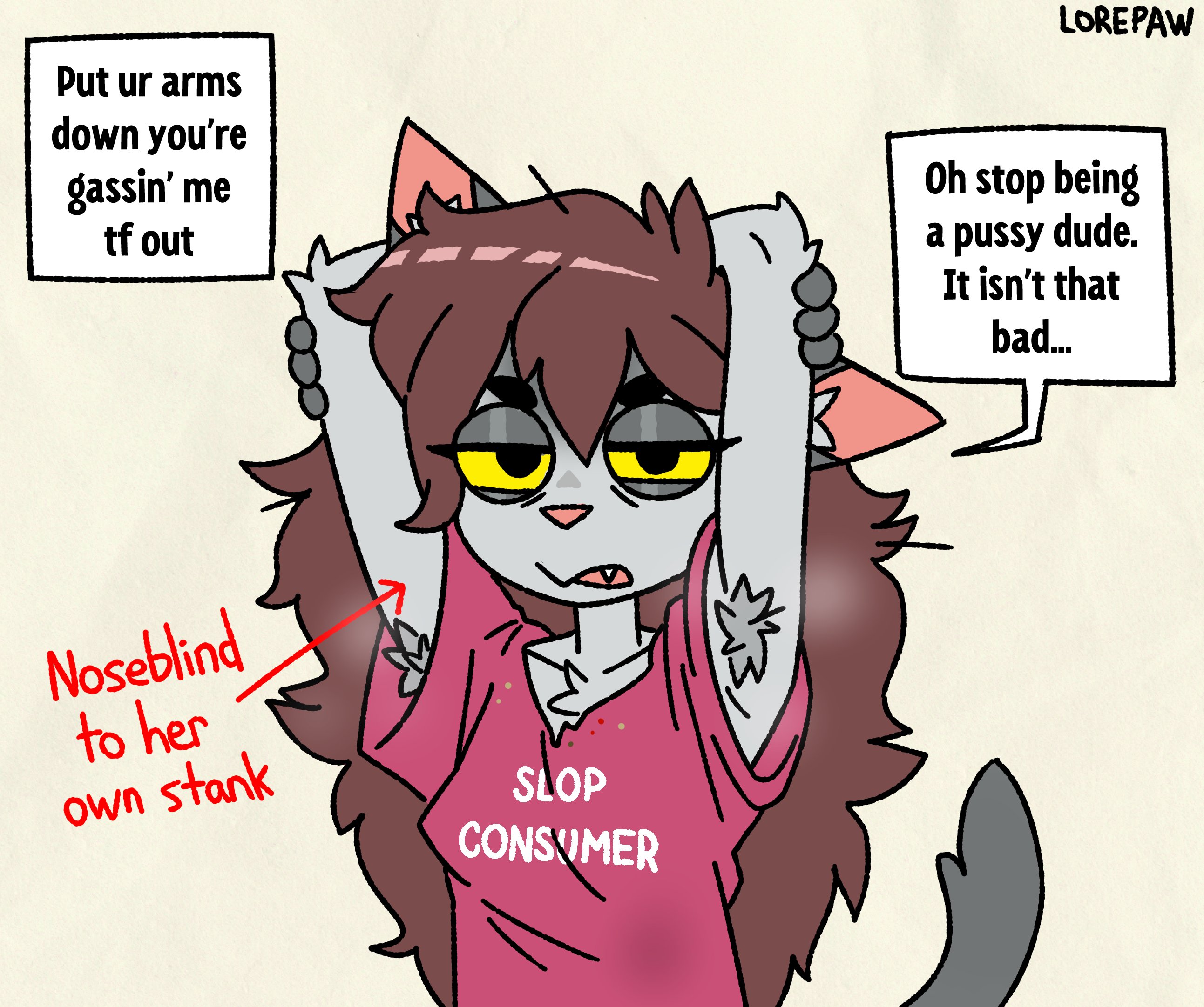 anthro, armpit hair, armpits, arms up, catgirl, furry, hannah (lorepaw), lorepaw, musk clouds, solo, text box, text bubble