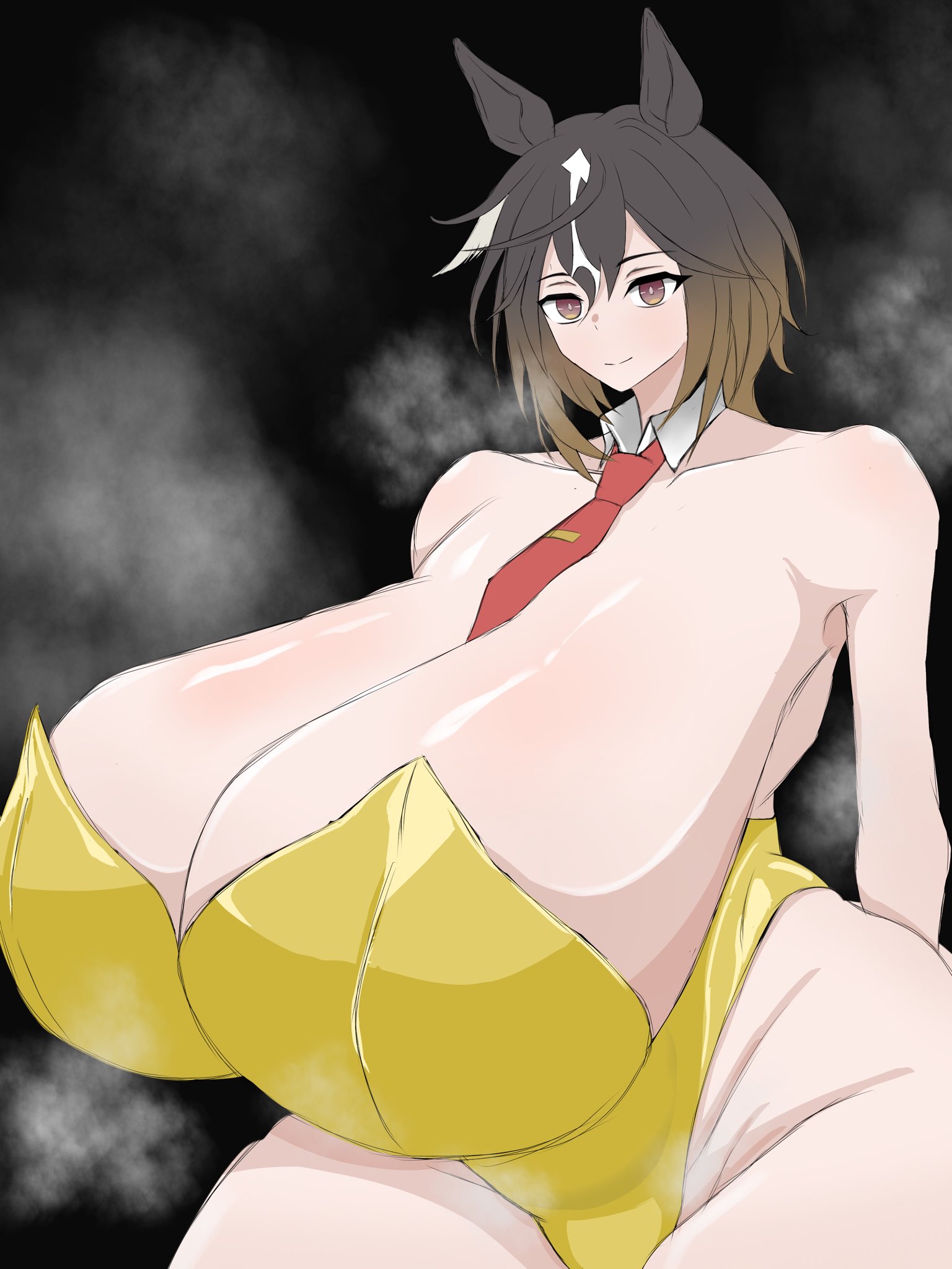1girls, bare legs, breasts, brown hair, cleavage, detached collar, female, female only, gigantic breasts, gradient eyes, gradient hair, hair between eyes, hazel eyes, horse ears, huge breasts, light skin, light-skinned female, looking at viewer, ron yuuzuri, smile, stay gold (umamusume), streaked hair, thick thighs, tie, umamusume, umamusume pretty derby, wide hips