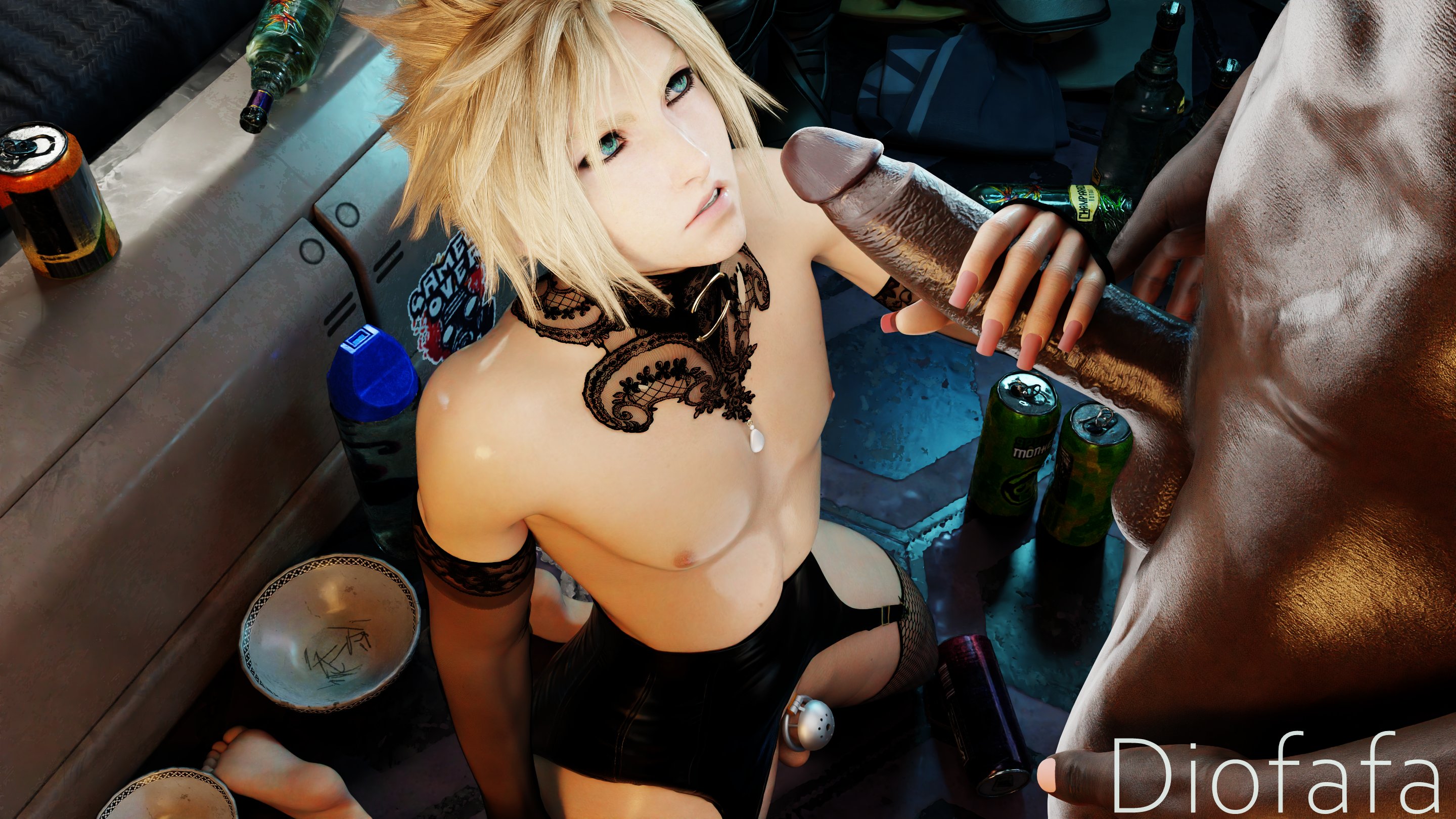 2boys, 3d, blonde hair, blonde-haired male, blue eyes, chastity cage, chastity device, choker, cloud strife, dark penis, dark skin, dark-skinned male, diofafa, diofafa79521, eyeliner, femboy, final fantasy, final fantasy vii, fishnets, gay, handjob, huge cock, interracial, kneeling, large penis, lingerie, looking at partner, makeup, malesub, nails, nipples, nude male, painted nails, pale skin, pale-skinned male, penis size difference, pink nails, shiny skin, sissy, small penis, twink, yaoi
