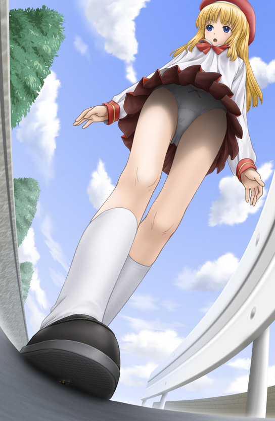 beret blonde_hair blue_eyes eichikei_(hakuto) giant giantess imminent_death miniboy panties pantyshot rpg shrink_academy size_difference syukusyou_gakuen underwear