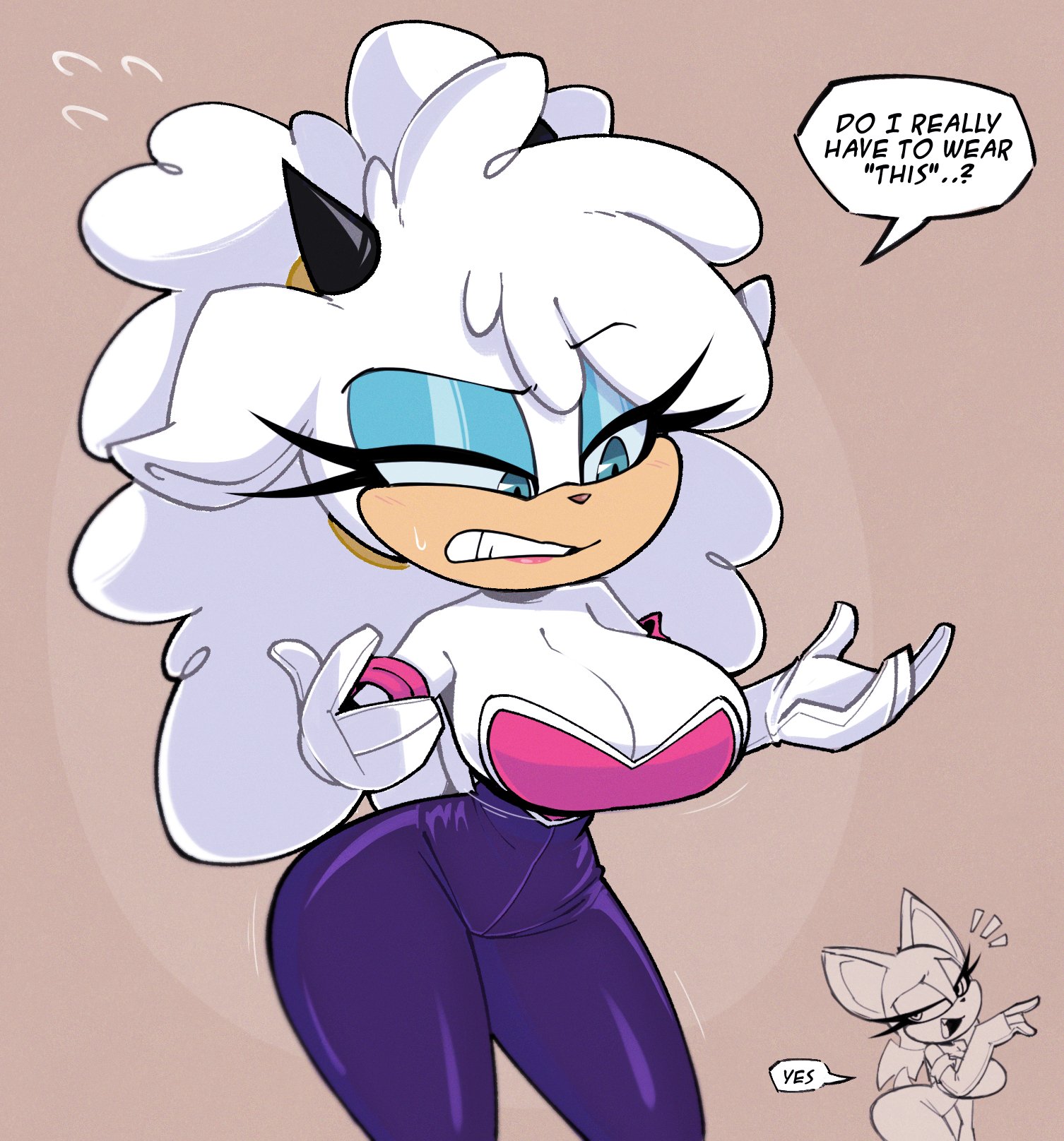 2girls, big breasts, bodysuit, curvy, female, lanolin the sheep, neckline, nelljoestar, rouge the bat, rouge the bat (cosplay), sonic (series), sonic the hedgehog (idw), spandex suit, thicc, voluptuous female