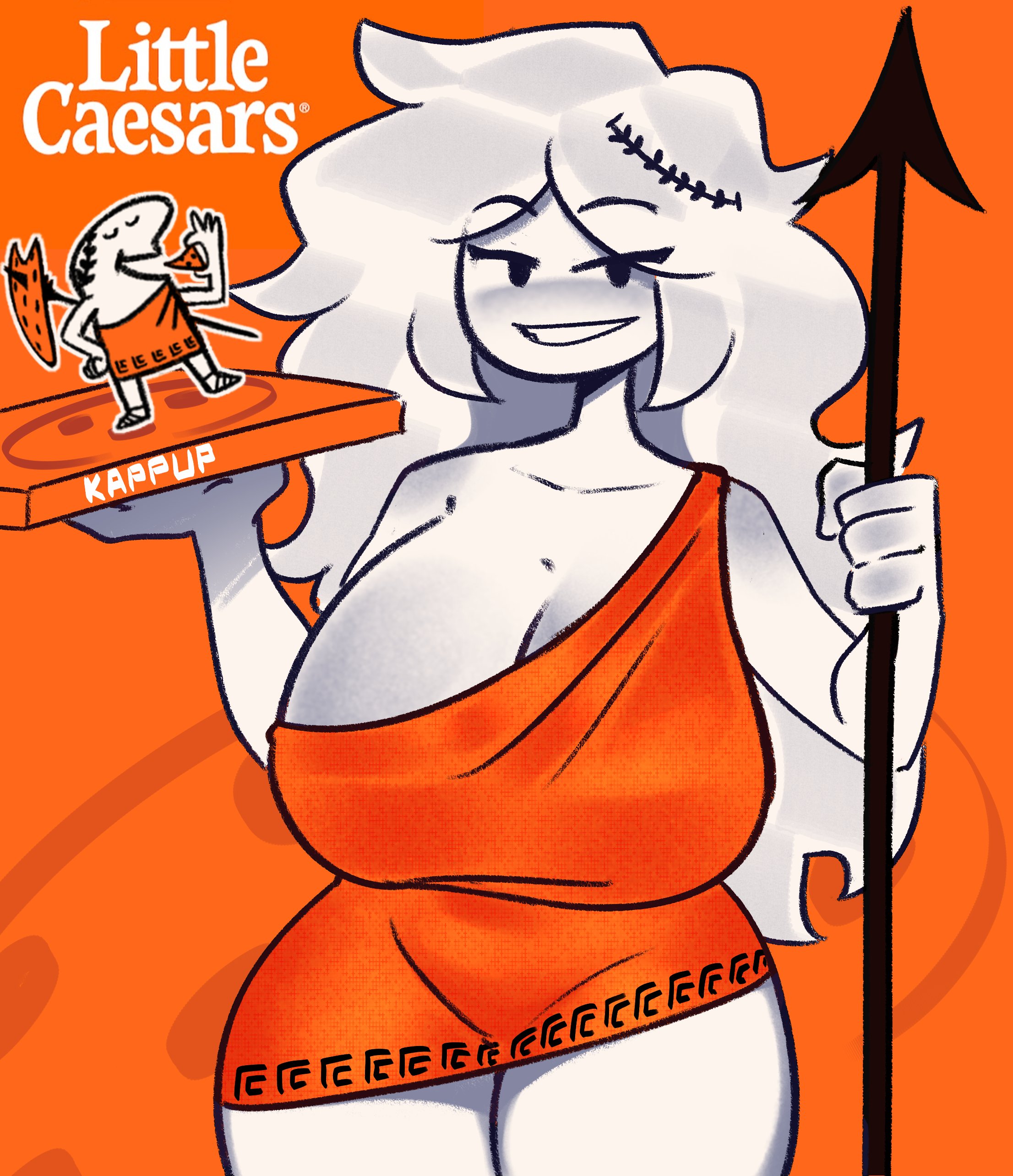 1girls, absurd res, absurd resolution, absurdres, bare shoulders, big breasts, big cleopatra, breasts, busty, cleavage, curvaceous, curvy, curvy female, curvy figure, dress, female, female focus, food, front view, hi res, high resolution, highres, huge breasts, impractical dress, kappup, large breasts, light skin, light-skinned female, little caesar, little caesars, long hair, orange theme, pizza, pizza box, roman, simple background, spear, tagme, thick thighs, thighs, voluptuous, voluptuous female, white body, white skin, white-skinned female