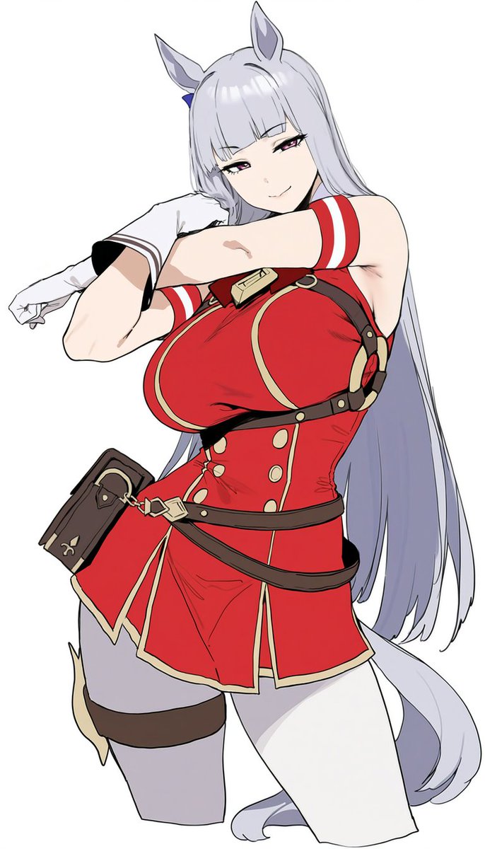 :>, artist request, bow ribbon, clothed, clothing, gloves, gold ship (red strife) (umamusume), gold ship (umamusume), large breasts, looking at viewer, purple eyes, racing suit, silver hair, slim waist, smile, stretching, thick thighs, umamusume