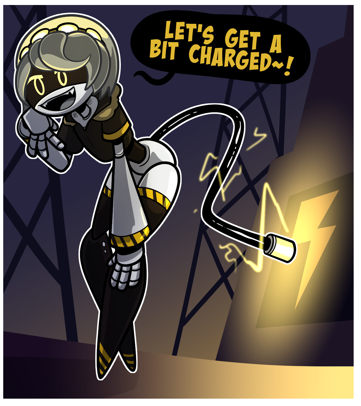 1girls, browser124, charging, disassembly drone, electric, electric shock, electricity, energy, female, female focus, female only, glitch productions, legs, murder drones, obese, open mouth, overweight, reloading, robot, robot girl, tail, v (murder drones), yellow eyes