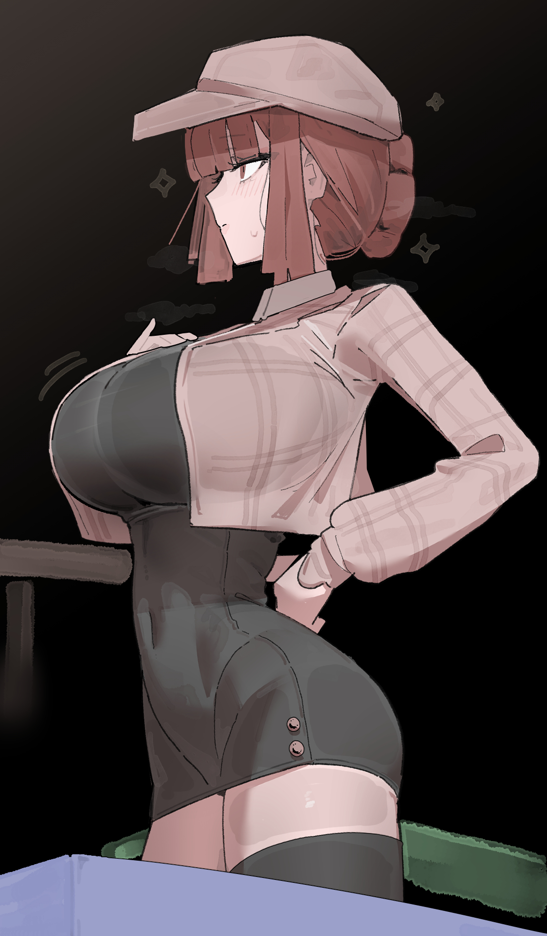1girls, azz0422, black thighhighs, blunt bangs, breasts, brown eyes, brown hair, brown hat, brown jacket, covered navel, cropped jacket, dress, female, female only, from side, hair bun, hat, highres, impossible clothes, impossible dress, jacket, large breasts, long sleeves, open clothes, open jacket, plaid clothes, plaid jacket, short dress, solo, sweatdrop, thighhighs, zenless zone zero, zettai ryouiki