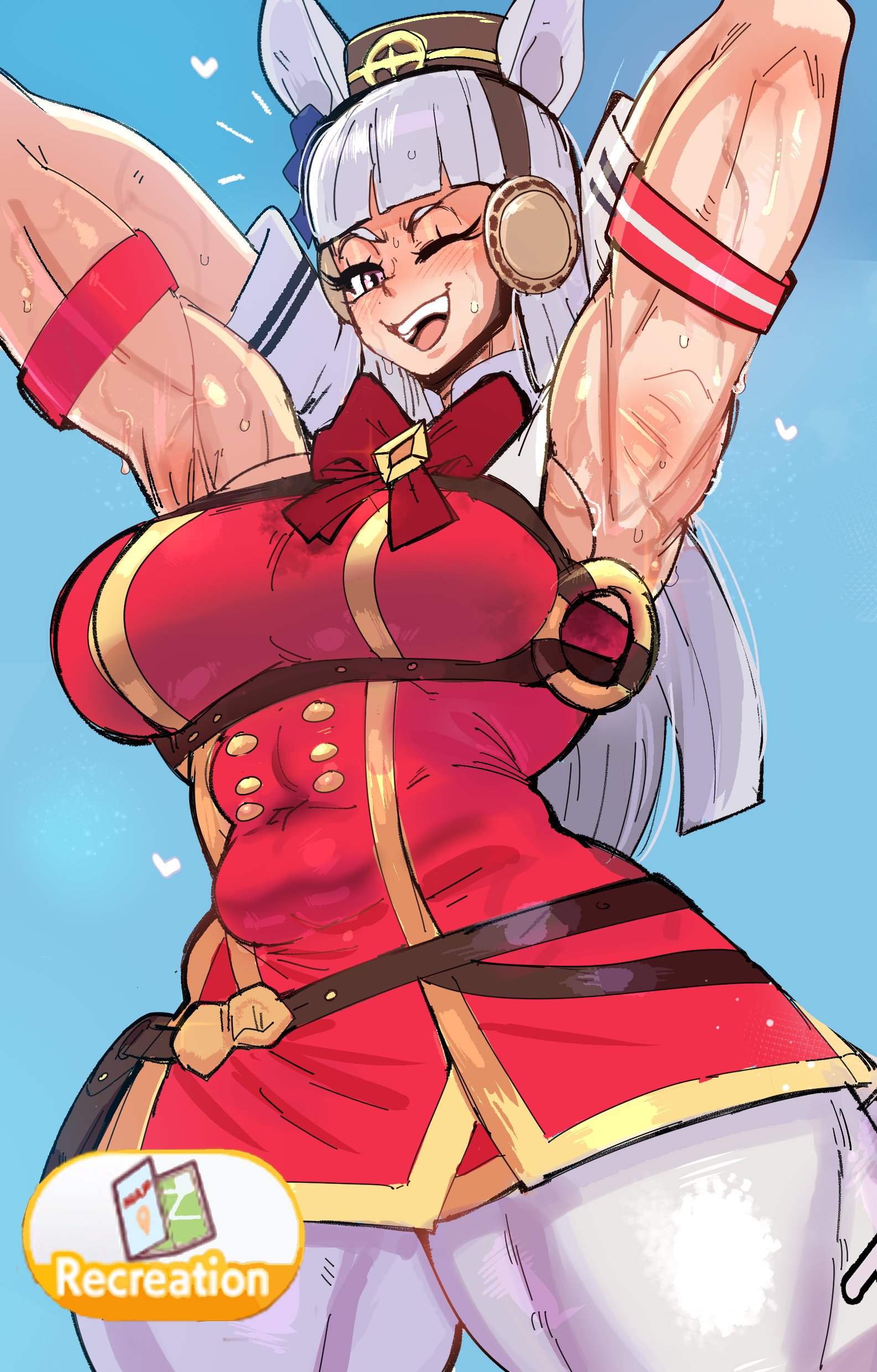 1girls, animal ears, armpits, arms up, bangs, big breasts, blush, embo, female focus, female only, fully clothed, gold ship (umamusume), horse girl, long hair, muscular legs, one eye closed, solo female, sweat, sweatdrop, sweaty, thick thighs, thunder thighs, tight clothing, toned, toned female, umamusume, umamusume pretty derby, wide hips, wink
