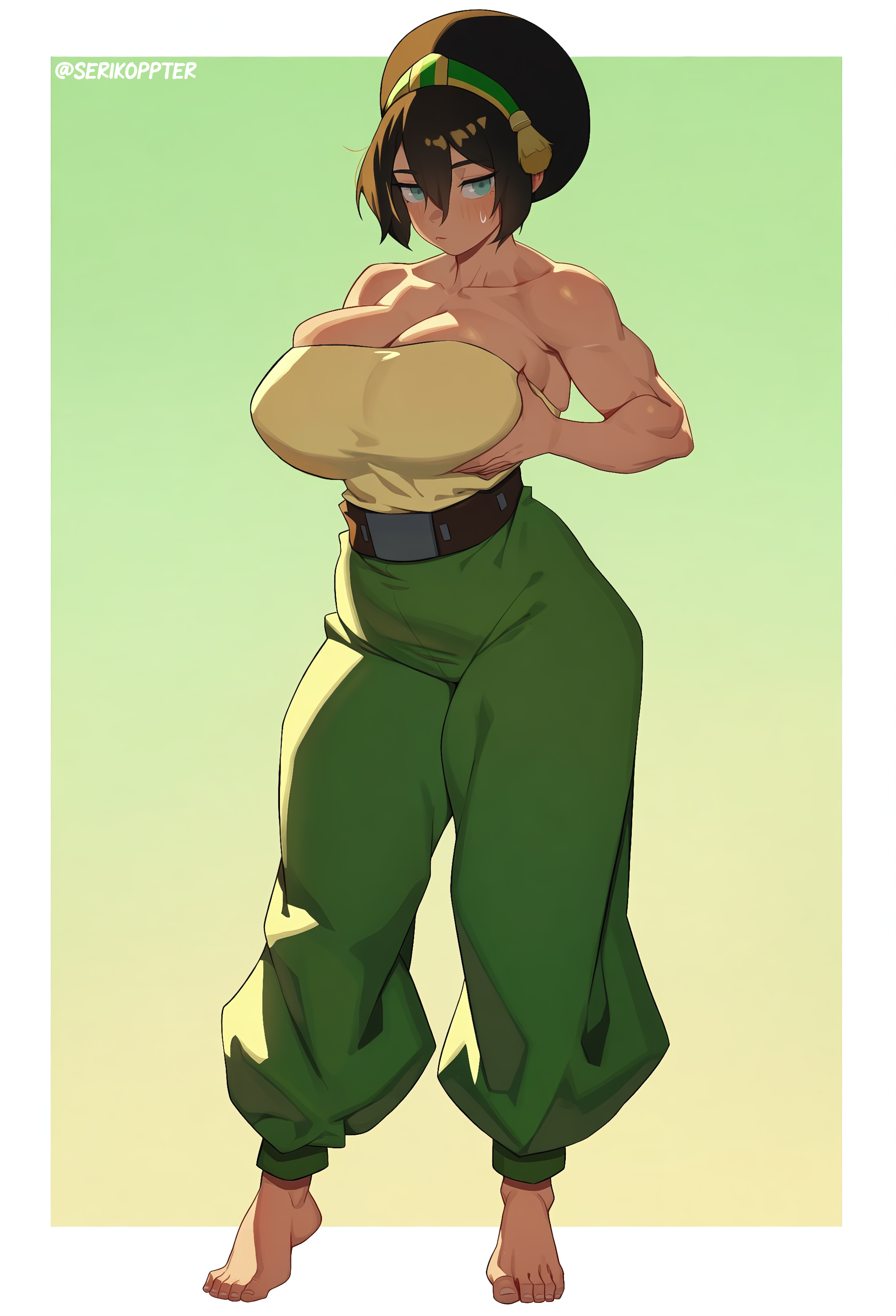 1girl, 1girls, avatar aang: the last airbender, avatar the last airbender, black hair, border, breasts, cleavage, gradient background, green eyes, hair bun, huge breasts, looking at viewer, muscular, muscular female, simple background, solo, standing, tagme, tagme (artist), the legend of aang, toph bei fong