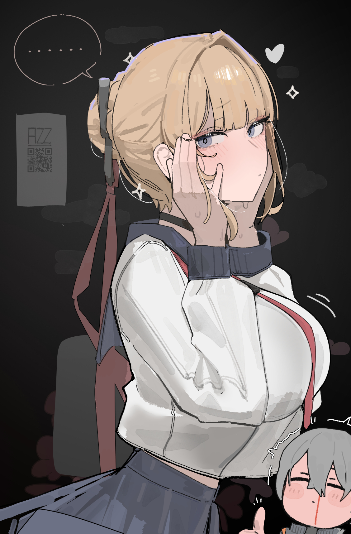 ..., 1boy, alternate costume, aroused nosebleed, azz0422, big breasts, black choker, blonde hair, blood, blue eyes, blue skirt, blush, breasts, choker, commentary, evelyn chevalier, female, full-face blush, grey hair, hair up, hands on own cheeks, hands on own face, highres, large breasts, looking at viewer, neckerchief, nosebleed, red neckerchief, school uniform, serafuku, shirt, skirt, solo focus, sparkle, spoken ellipsis, thumbs up, untranslatable commentary, upper body, white shirt, wise (zenless zone zero), zenless zone zero
