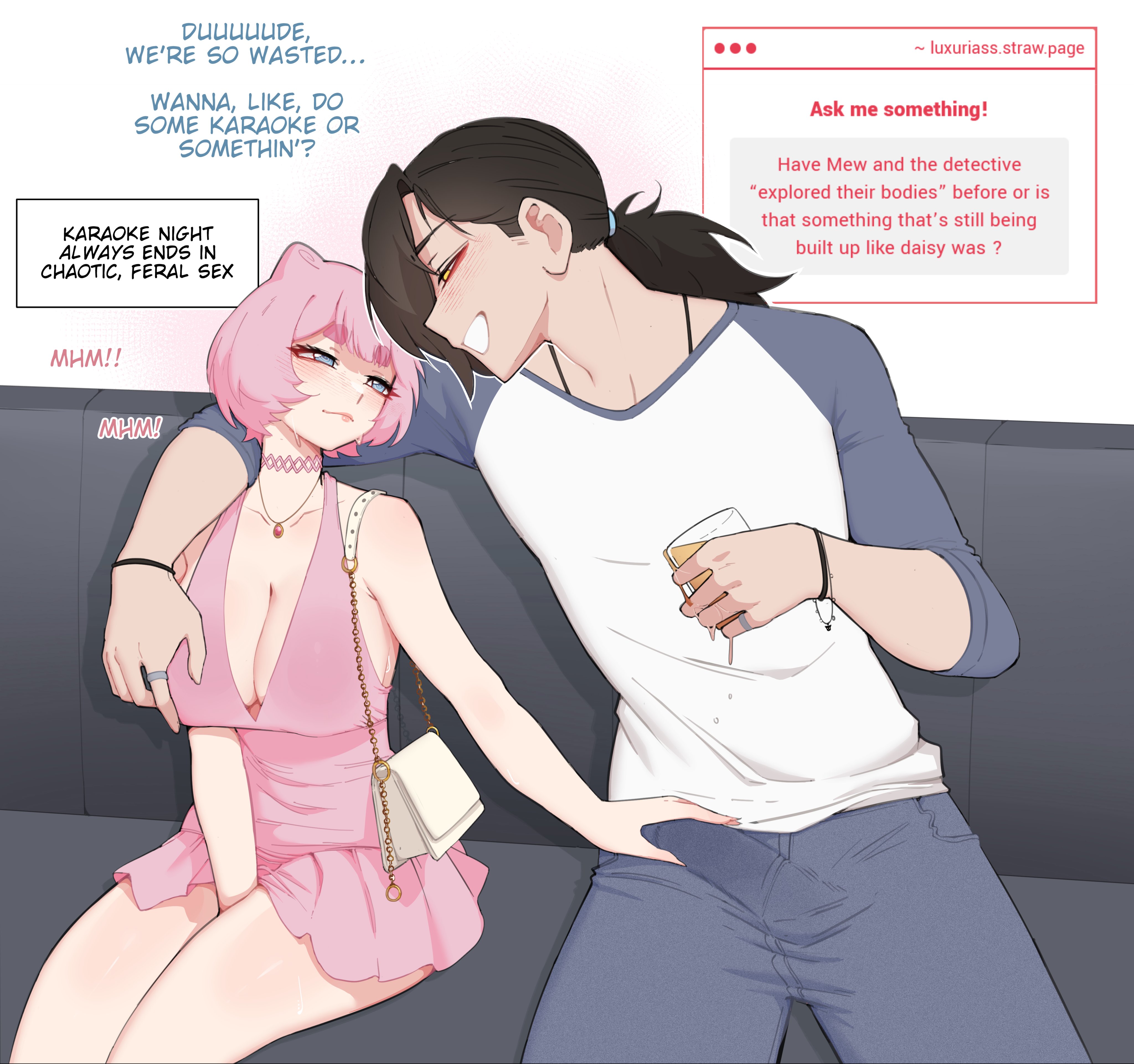 1boy, 1girls, absurd res, backless outfit, big breasts, black hair, blue eyes, dialogue, drinking, drunk, english text, eye contact, female, generation 1 pokemon, humanized, humanized pokemon, legendary pokemon, long hair, luxurias, male, mew, narrowed eyes, nintendo, pink hair, pokegirl, pokemon, pokemon (species), ponytail, sitting, smile, speech bubble, text, text box, touching breast, touching bulge, vanessa (luxuriass), yellow eyes
