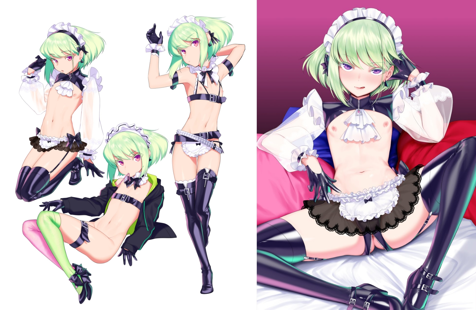 1boy, 2d, androgynous, anus, bedroom eyes, bulge, burrrntlemon, color, crossdressing, femboy, femboy only, full color, gloves, half-closed eyes, heels, high heels, licking own lips, lio fotia, looking at viewer, maid, maid apron, maid headdress, maid uniform, male, male only, midriff, multiple images, nipples, on bed, petite, petite body, petite male, pink nipples, promare, reverse outfit, seductive look, short hair, skimpy clothes, skinny, skirt, slim, slim male, slim waist, solo, stockings, suggestive look, thigh boots, thighhighs, thighs
