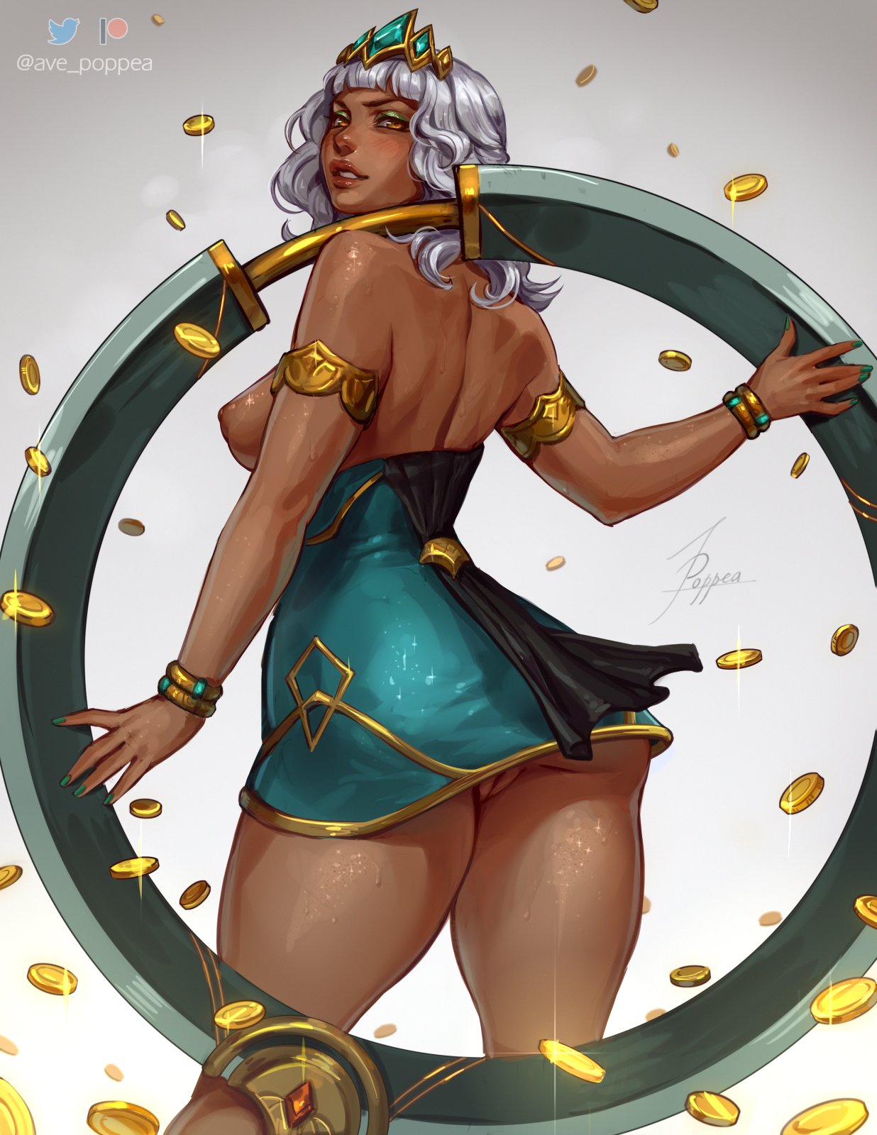 1girls, armlet, ass, ave poppea, bare shoulders, bracelet, breasts, child bearing hips, coin, curvaceous, curvaceous ass, curvaceous body, curvaceous female, curvaceous figure, curvaceous hips, curvaceous thighs, curvy, curvy body, curvy female, curvy figure, curvy hips, curvy thighs, dark skin, dark-skinned female, dress, exposed breasts, female, female focus, female only, functionally nude, functionally nude female, gold coin, gradient background, green dress, grey background, grey hair, highres, holding, holding weapon, impractical dress, jewelry, large breasts, league of legends, looking at viewer, looking back, looking pleasured, medium hair, no panties, off shoulder, orange eyes, patreon logo, pussy, pussy peek, qiyana yunalai, riot games, royal, royalty, shiny skin, simple background, solo, solo female, solo focus, teeth, thick, thick hips, thick legs, twitter logo, upskirt, weapon, white background, white hair