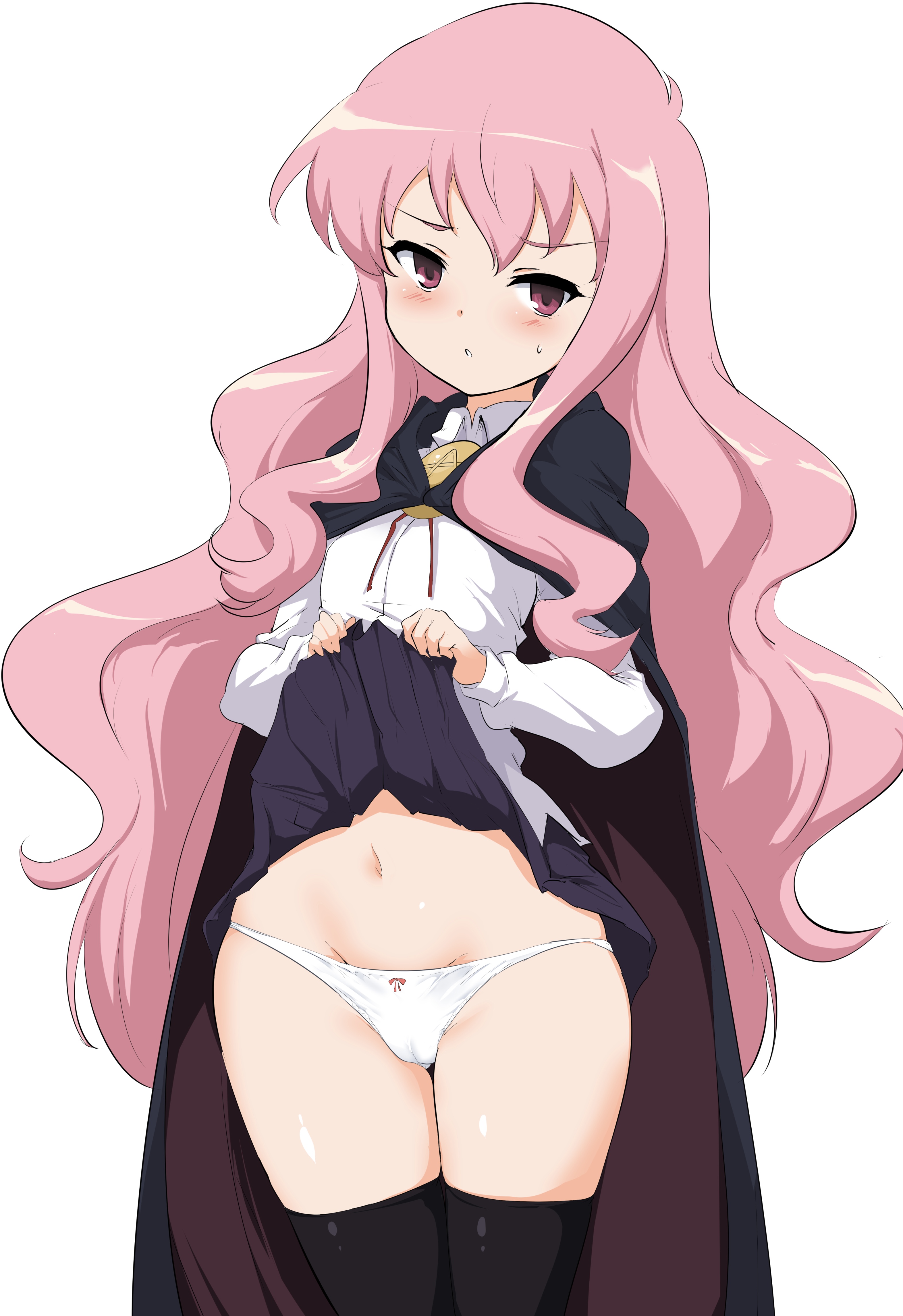 black skirt, black thighhighs, blush, bow panties, bow underwear, cape, female, flashing, flashing panties, flashing underwear, long hair, louise francoise le blanc de la valliere, miniskirt, momio, panties, pink hair, school uniform, skirt, skirt lift, skirt up, thighhighs, underwear, white panties, white shirt, white underwear, zero no tsukaima