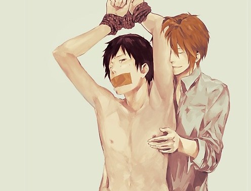 2boys arms_above_head bound_wrists clothed_male_nude_male clothed_on_nude cmnm gag koizumi_itsuki kyon lowres male nipple nipple_rub nippleplay nipples questionable_consent suzumiya_haruhi_no_yuuutsu tape_gag tied wince yaoi