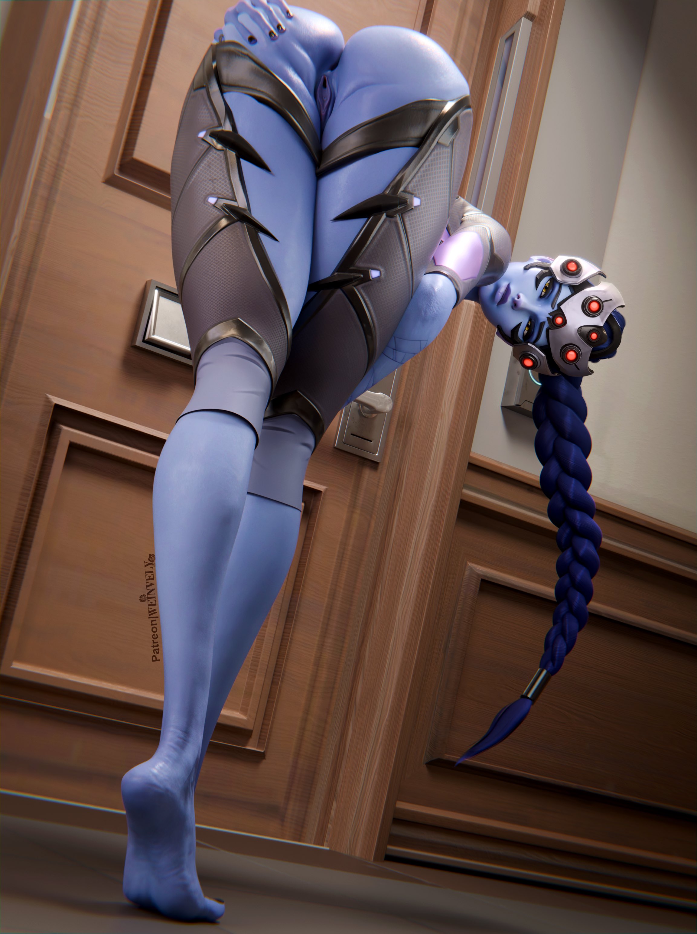 1girls, 3d, 3d (artwork), amelie lacroix, artist name, blizzard entertainment, blue hair, blue skin, female, female focus, female only, french, french female, long hair, looking at viewer, overwatch, partially clothed, ponytail, pussy, weinvely, widowmaker, widowmaker (overwatch 2 suit), yellow eyes
