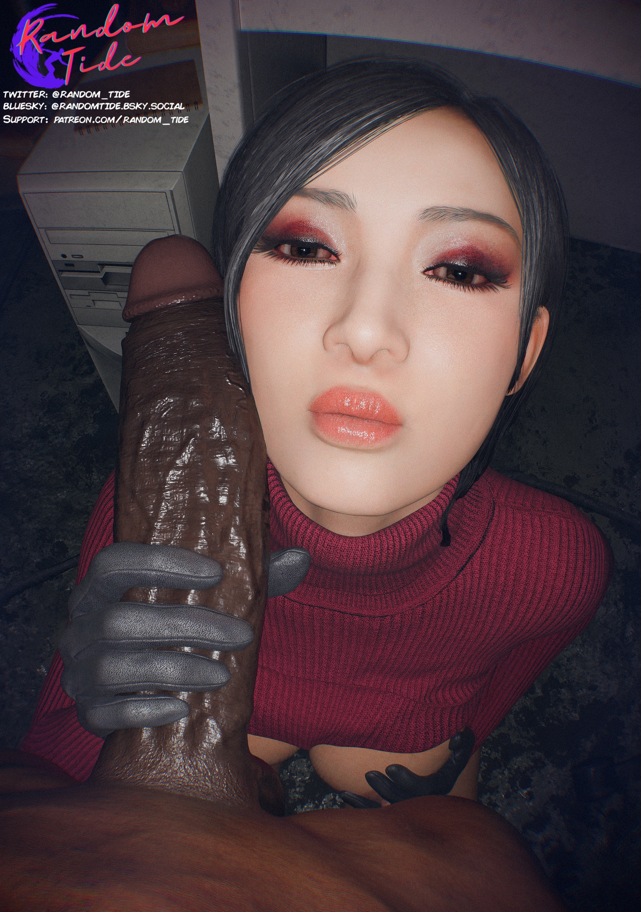 3d, ada wong, asian, asian female, black gloves, black hair, breasts, brown eyes, clothed female nude male, dark penis, dark skin, dark-skinned male, gloved handjob, gloves, hand on penis, handjob, handjob with gloves, high-angle view, holding penis, interracial, kneeling, large penis, leather gloves, light skin, light-skinned female, makeup, nude male, open clothes, partial male, puckered lips, random tide, red eyeshadow, resident evil, shiny skin, sweater, touching penis, turtleneck sweater, veiny penis, watermark