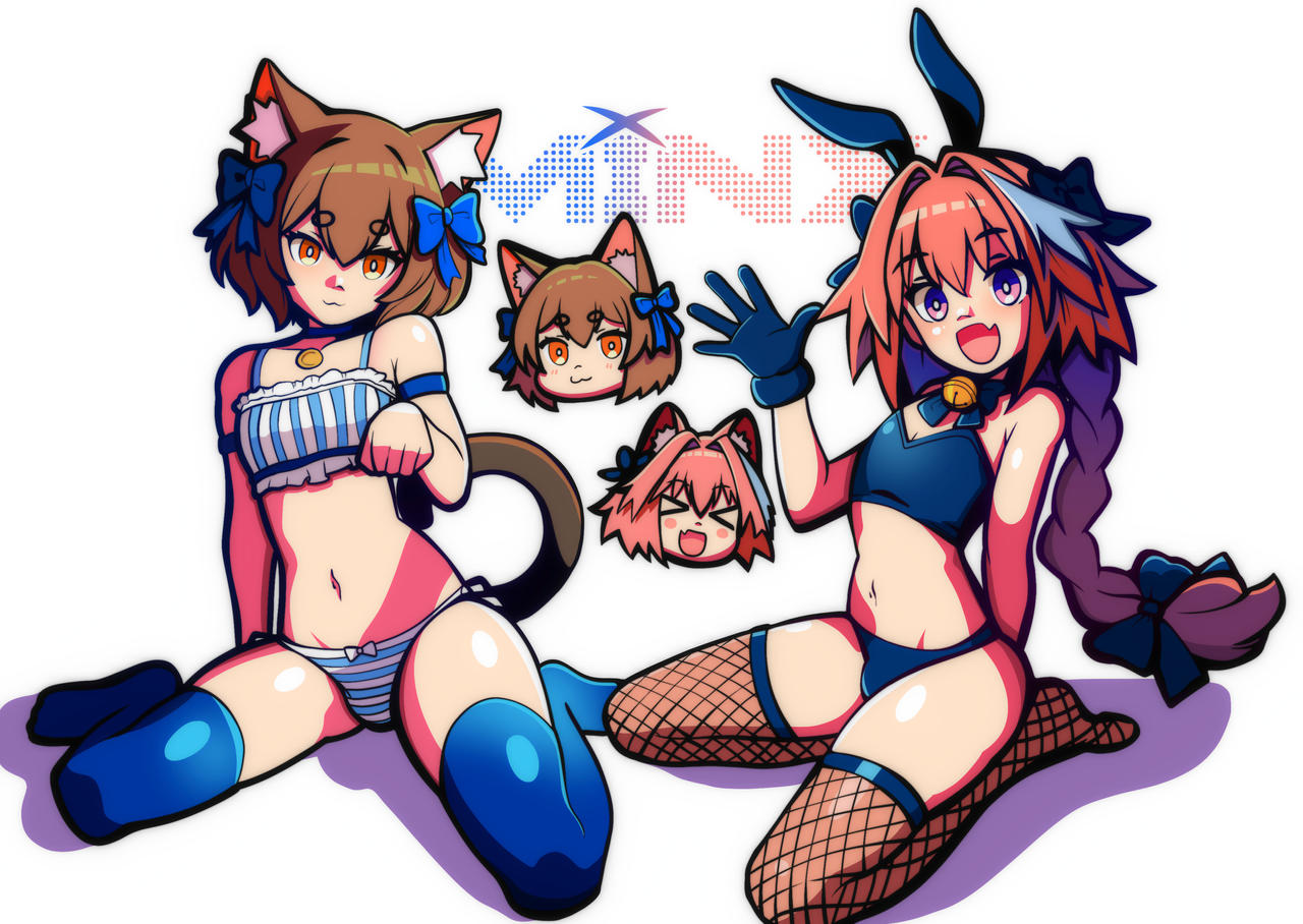 2boys, 2femboys, 2male, astolfo (fate), astolfo (fate/apocrypha), astolfo (saber) (fate), astolfo (sailor paladin) (fate), belly, blue socks, brown hair, cat ears, cat tail, choker, cute, cute expression, cute eyes, cute face, cute male, felix argyle, femboy, fishnet thighhighs, fishnets, looking at viewer, mail, male, minx-art, open mouth, pink hair, rabbit ears, re:zero kara hajimeru isekai seikatsu, smile, smiling, socks, thighhighs