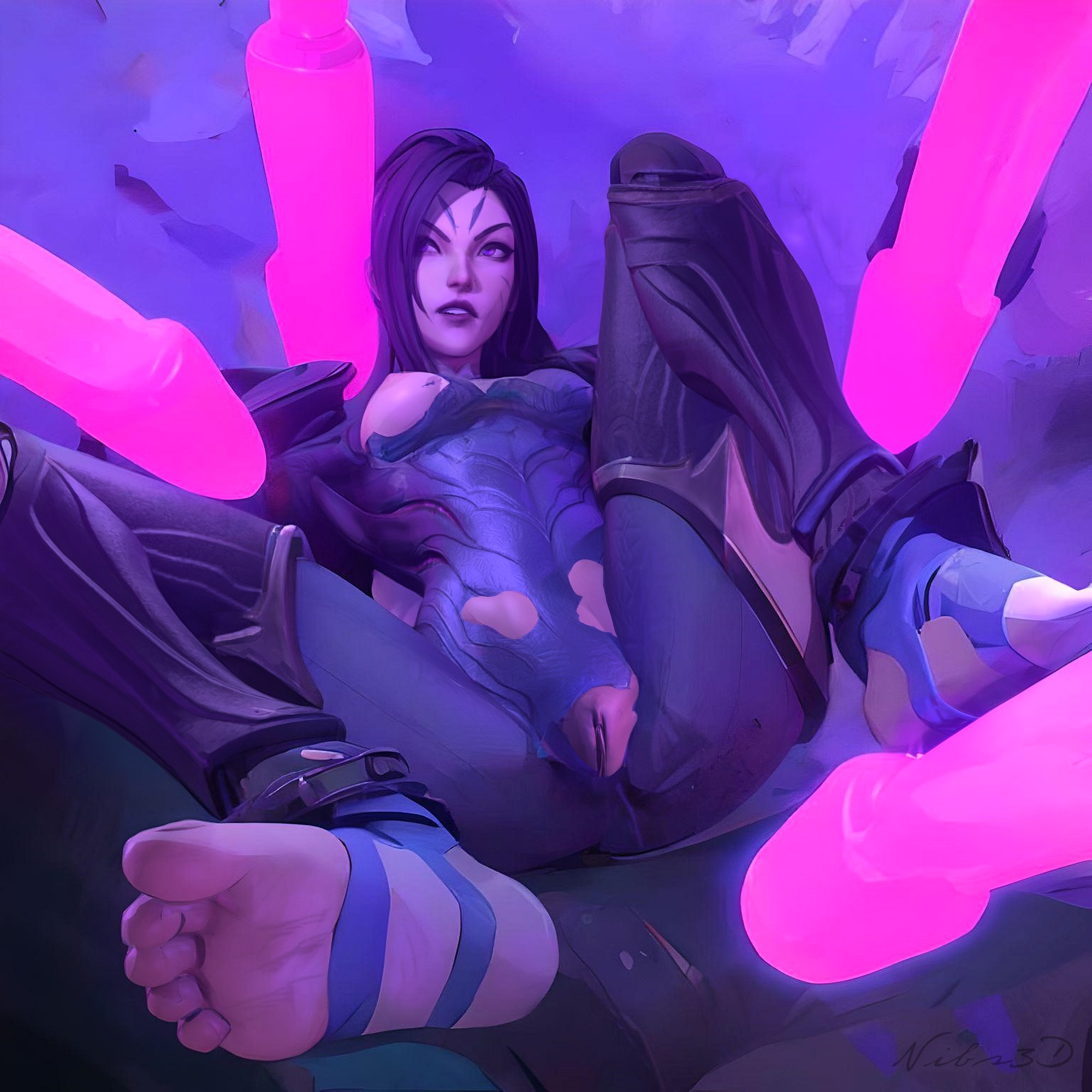 1girls, 3d, armor, big breasts, bodysuit, breasts, breasts out, facial markings, feet, female, female focus, female only, foot fetish, foot focus, genitals, kai'sa, league of legends, light-skinned female, long hair, nibs3d, pale-skinned female, pussy, ripped bodysuit, ripped clothing, soles, stirrup legwear, toes, vagina