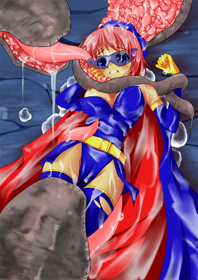 belt beret blue_eyes blue_mage breasts elbow_gloves female final_fantasy final_fantasy_five glasses gloves hat huge_tongue human lenna_charlotte_tycoon leotard lying monster nipples pink_hair saliva short_hair tekuteku_(pixiv) tentacle thighhighs tongue torn_clothes