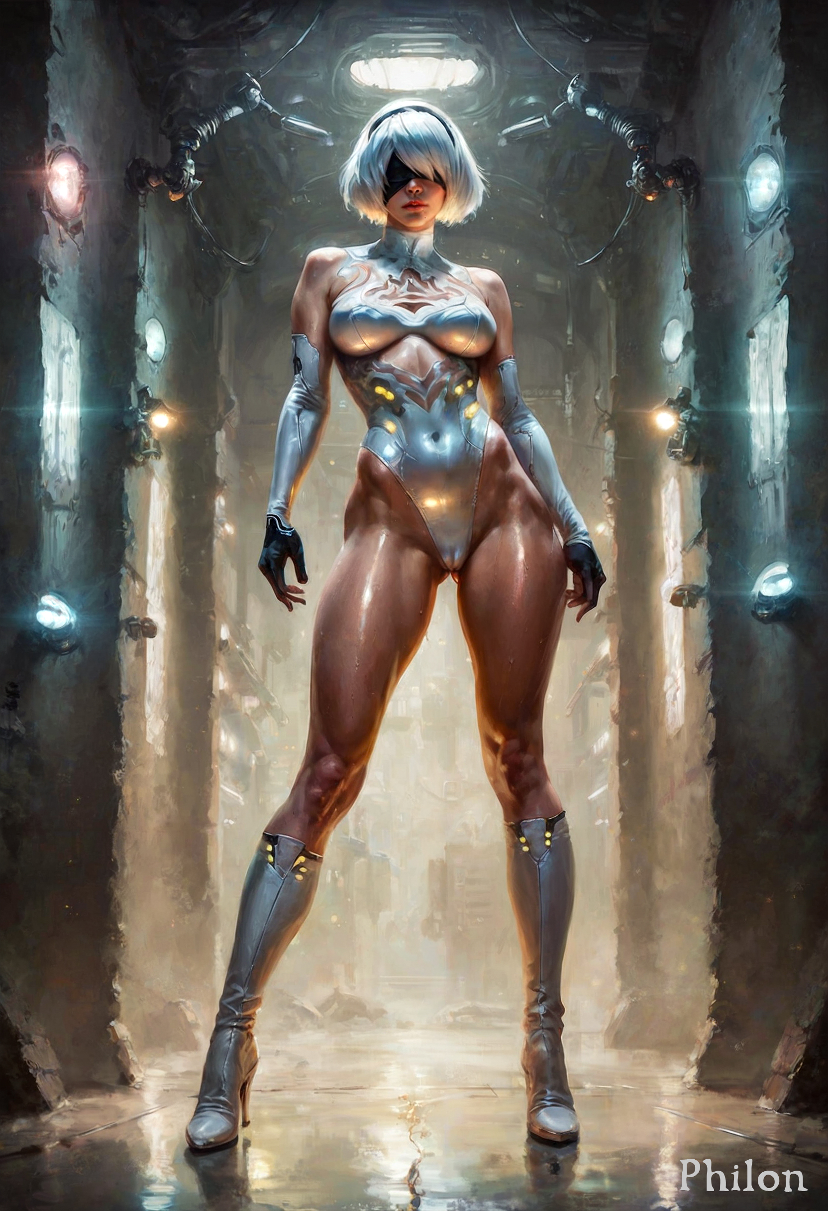 1girls, ai generated, ass visible through thighs, bare shoulders, black blindfold, blindfold, boots, breasts, cameltoe, covered eyes, covered navel, elbow gloves, female, female only, fingerless gloves, full body, gloves, hairband, high heel boots, high heels, highleg, highleg leotard, leotard, lips, medium breasts, mole, nier: automata, philon, pussy, realistic, shiny skin, short hair, skin tight, solo, stable diffusion, standing, thighs, white hair, yorha 2b