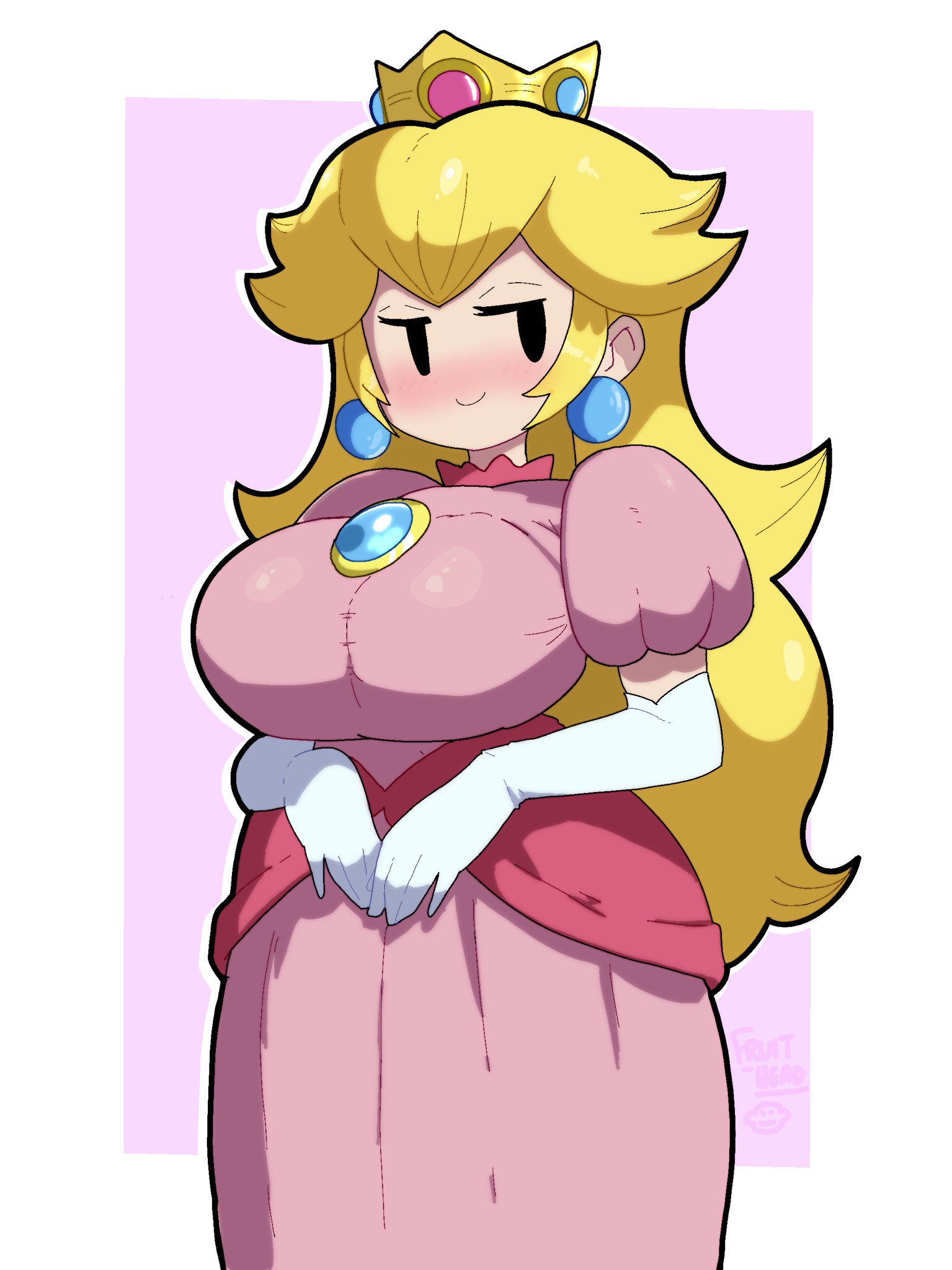 1girls, alternate breast size, aroused, blonde hair, blush, breasts, brooch, busty, clothing, dress, earrings, female, female only, fruitheadart, gloves, healerart, huge breasts, jewelry, long hair, looking at another, mario (series), mob face, naughty face, nintendo, paper mario, paper mario: the thousand-year door, paper peach, princess, princess peach, smile, smug, smug face, solo, voluptuous, voluptuous female