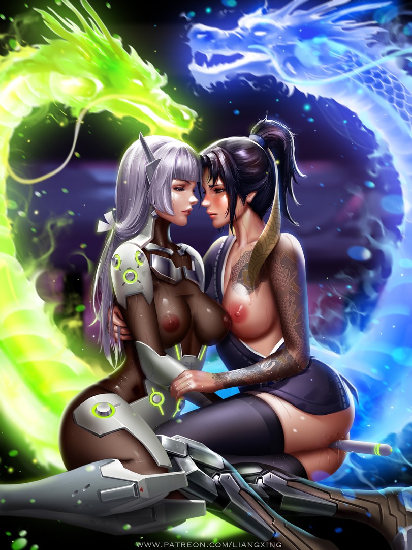 areolae big_breasts black_hair clothed clothing cybernetics cyborg dragon genderbend genderswap genderswap_(mtf) genji genji_(female) hair_ribbon hanzo hanzo_(female) hi_res highres liang_xing long_hair looking_at_another overwatch ponytail rule_63 sweat sweatdrop tattoo thick_thighs thighhighs thighs tight_clothing vaginal_insertion vibrator white_hair