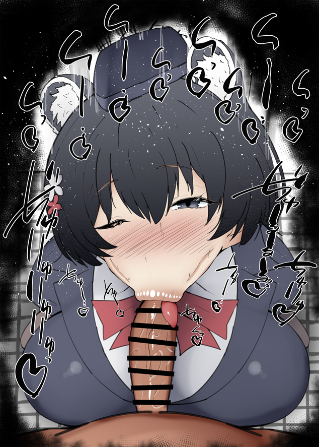 1boy 1girls :>= allied_hyakkiyako_academy_student animal_ears big_breasts big_penis black_eyes black_hair blowjob blowjob_face blue_archive blush censored closed_eyes dark-skinned_male dark_skin detailed_background drooling eyelashes fellatio hair_flower hair_ornament half-closed_eyes hat heart humanoid indoor inner_discipline_club_(blue_archive) inside japanese_text kurotama looking_at_viewer male male_pov oral oral_sex pov ribbon room saliva shiny shiny_skin short_hair sound_effects squatting sweat tongue_out tsubaki_(blue_archive) vein veins veiny veiny_penis wink