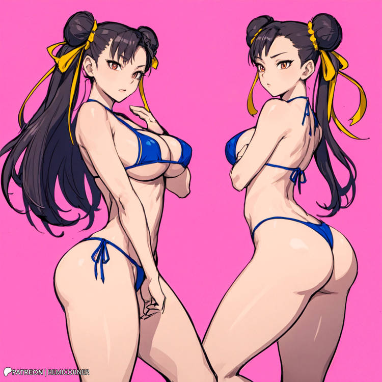 1girls, ai generated, bikini, breasts, brown hair, capcom, chun-li, cleavage, clothing, female, female only, large breasts, light skin, light-skinned female, remicorner, street fighter, thick thighs, twin buns, wide hips