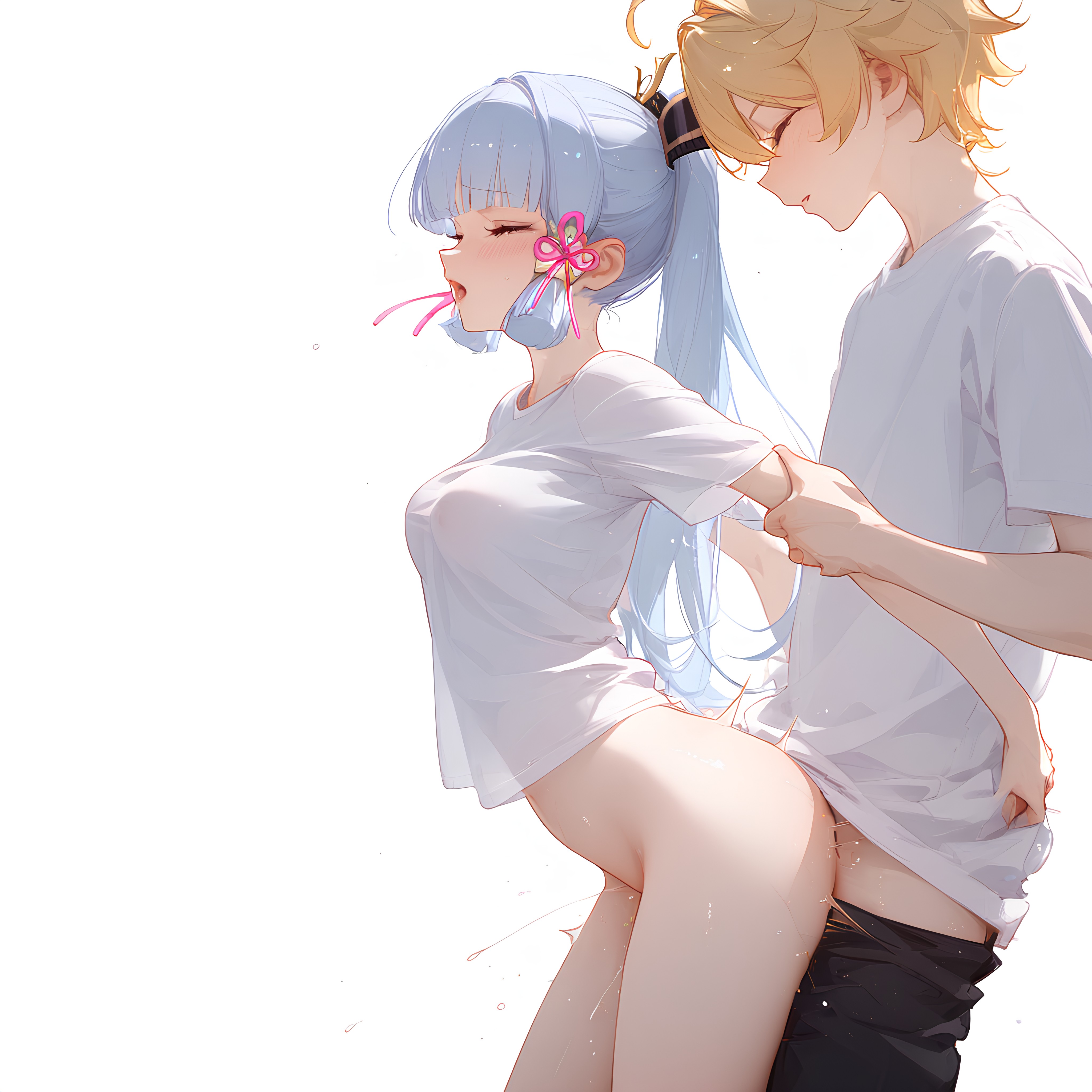1boy, 1girls, aether (genshin impact), ai generated, female, genshin impact, kamisato ayaka, long hair, male, mihoyo, pleasure face, sex, straight, unknown artist