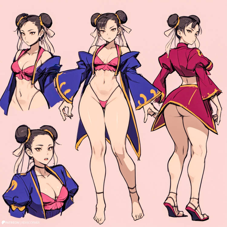 1girls, ai generated, bikini, breasts, brown hair, capcom, chun-li, cleavage, clothing, female, female only, large breasts, light skin, light-skinned female, remicorner, street fighter, thick thighs, twin buns, wide hips