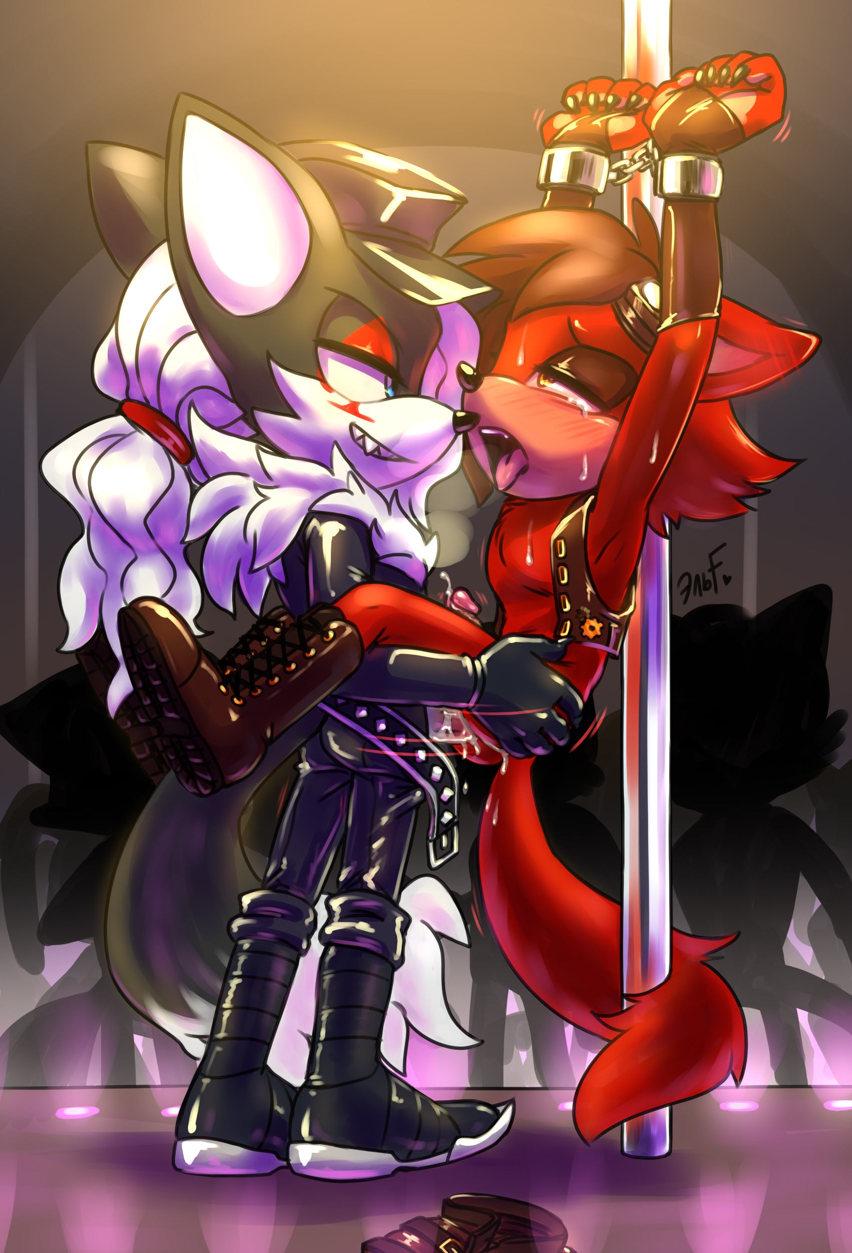 anal, anal sex, custom character (sonic forces), gadget the wolf, gay, infinite (sonic), infinite the jackal, krazyelf, leather, leather boots, leather daddy, leather jacket, leather straps, male, pleasure face, sonic (series), stripper pole