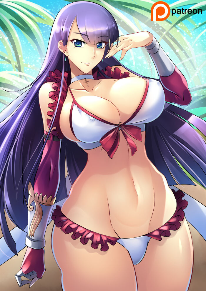 bikini, blue eyes, breasts, cleavage, curvaceous, erect nipples under clothes, fate (series), fate/grand order, female, haganef, large breasts, long hair, looking at viewer, midriff, necklace, purple hair, saint martha, saint martha (swimsuit ruler), solo female, very long hair, wide hips