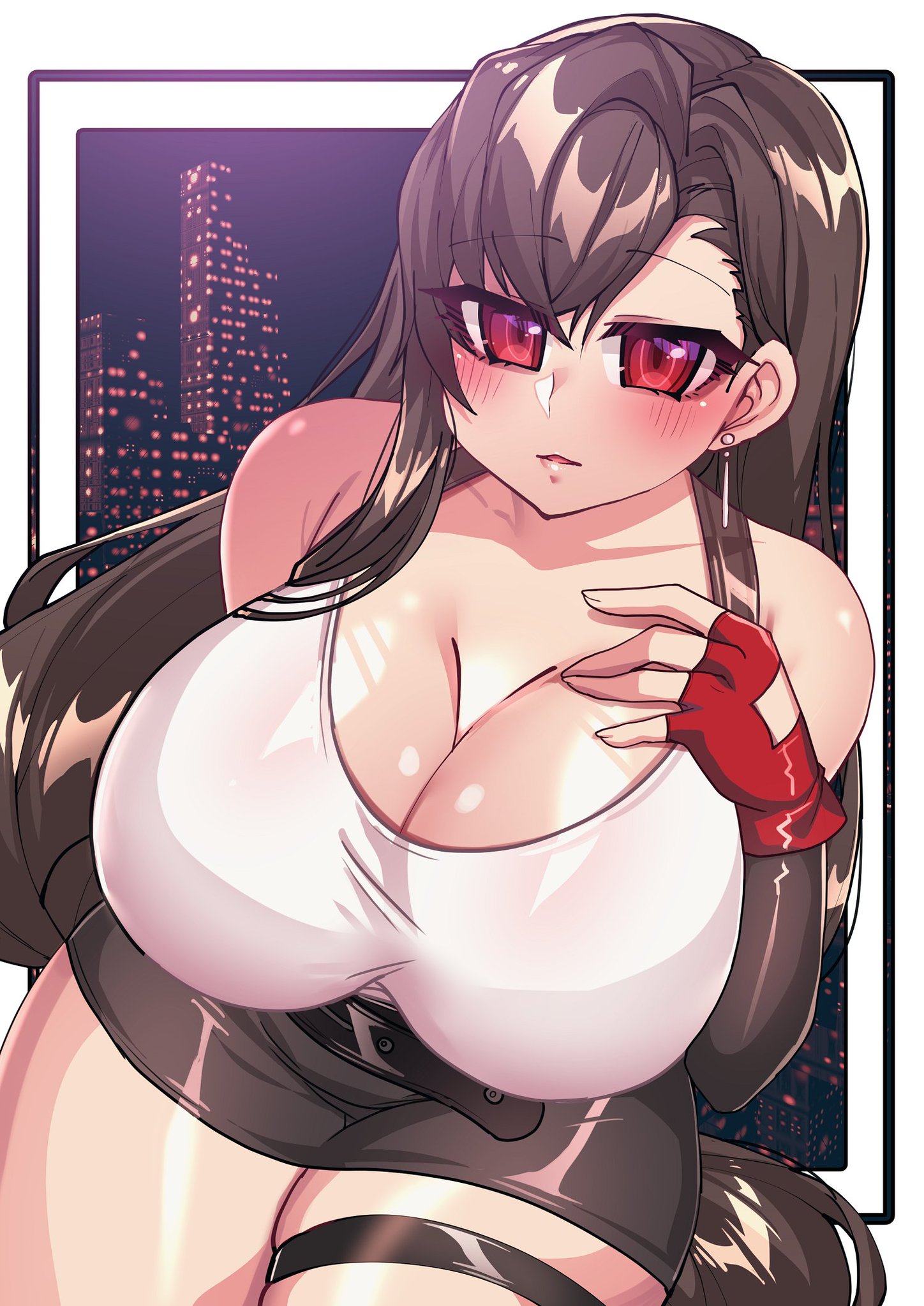 big breasts, blush, breasts, cleavage, dark hair, earrings, female, final fantasy, final fantasy vii, fingerless gloves, huge breasts, large breasts, long hair, looking at viewer, miniskirt, osiimi, red eyes, tank top, thick thighs, thighs, tifa lockhart