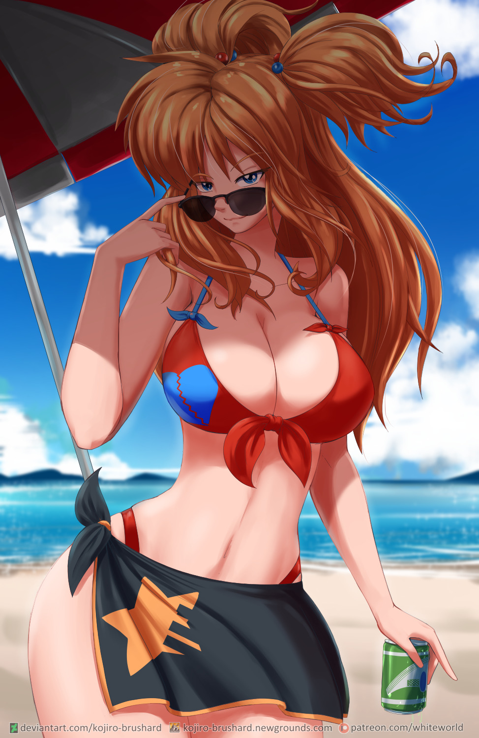 adjusting_eyewear adjusting_glasses akiko_(kojiro-brushard) beach bikini kojiro-brushard large_breasts looking_over_eyewear looking_over_glasses red_hair sunglasses tinted_eyewear