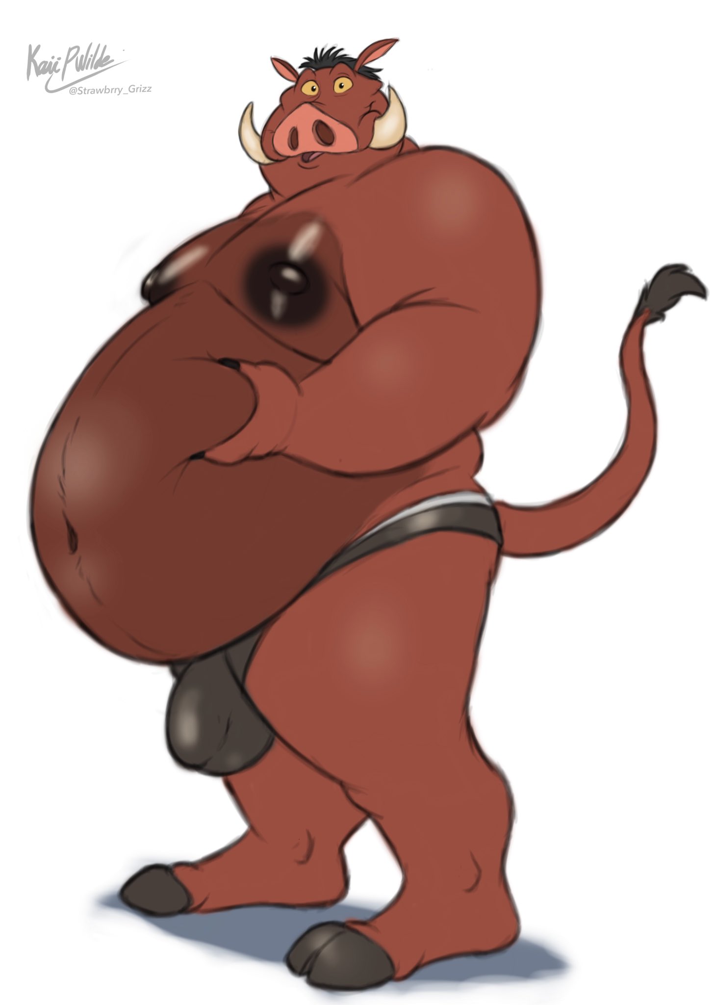 anthro anthrofied belly big_belly biped bulge clothed clothing detailed_bulge disney genital_outline hi_res huge_belly husky2paws kaiipwilde male male_only mammal navel nipples obese obese_anthro obese_male overweight overweight_anthro overweight_male penis_outline pumbaa simple_background solo suid suina tail the_lion_king tusks warthog white_background