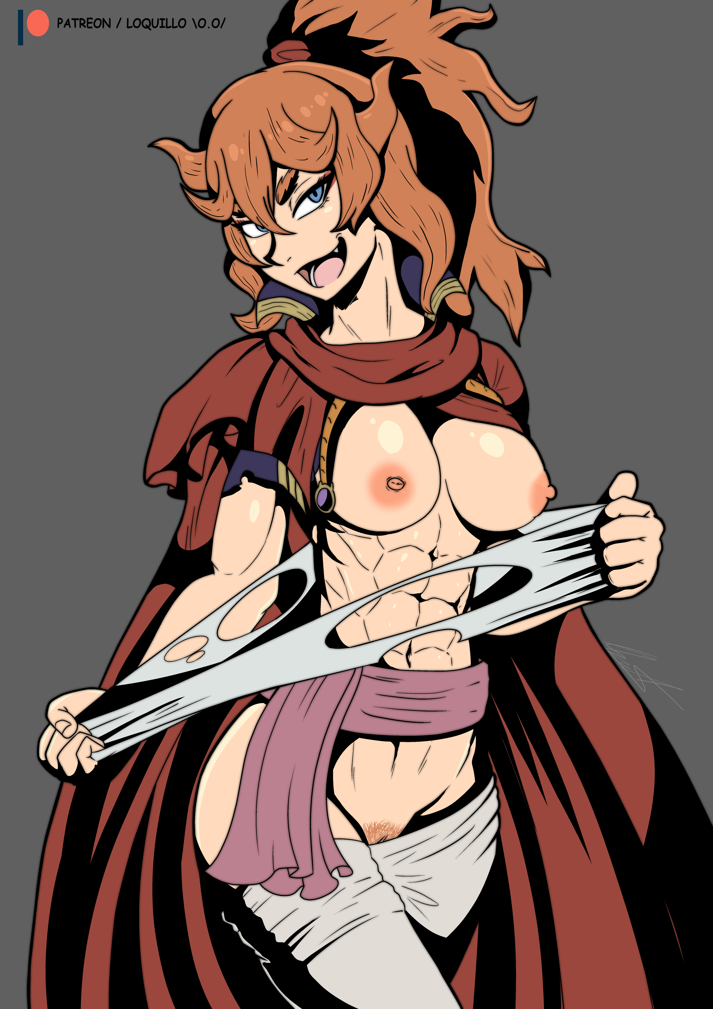 abs, black clover, blue eyes, breasts, female, hairy pussy, looking at viewer, loquillo, mereoleona vermillion, muscular, orange hair, plain background, presenting, pussy, ripped clothing, uncensored