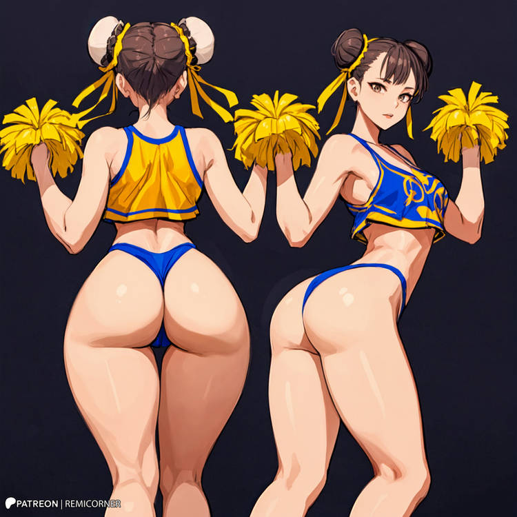 1girls, ai generated, bikini, breasts, brown hair, capcom, cheerleader, chun-li, cleavage, clothing, female, female only, large breasts, light skin, light-skinned female, remicorner, street fighter, thick thighs, twin buns, wide hips