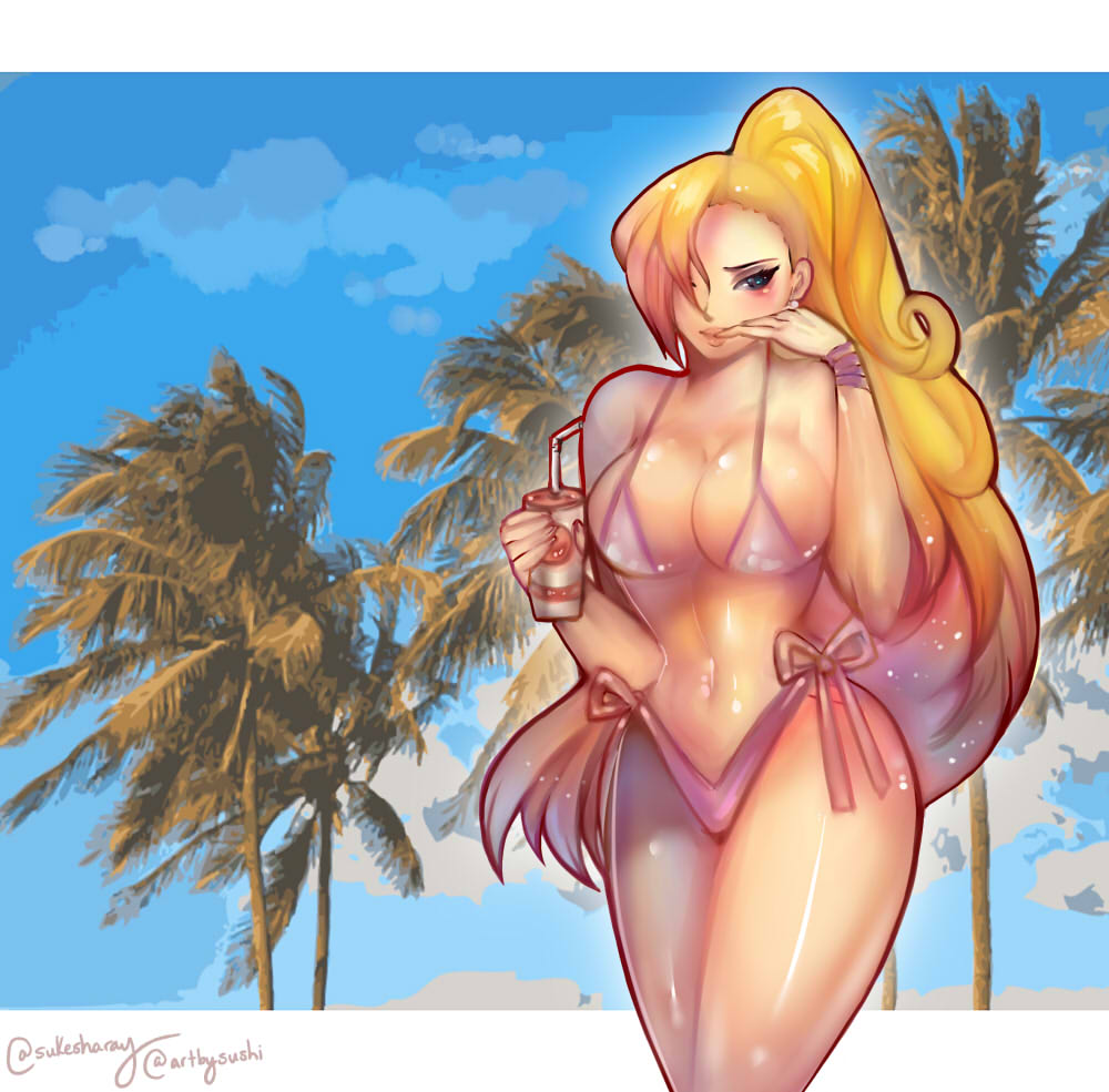 1girls, big breasts, bikini, blonde hair, blue eyes, blush, breasts, cleavage, drink, female, female only, finger in mouth, hair over one eye, holding object, ino yamanaka, long hair, naruto, naruto (series), naruto shippuden, solo, sukesha-ray, tied hair, very long hair, wide hips, wristband