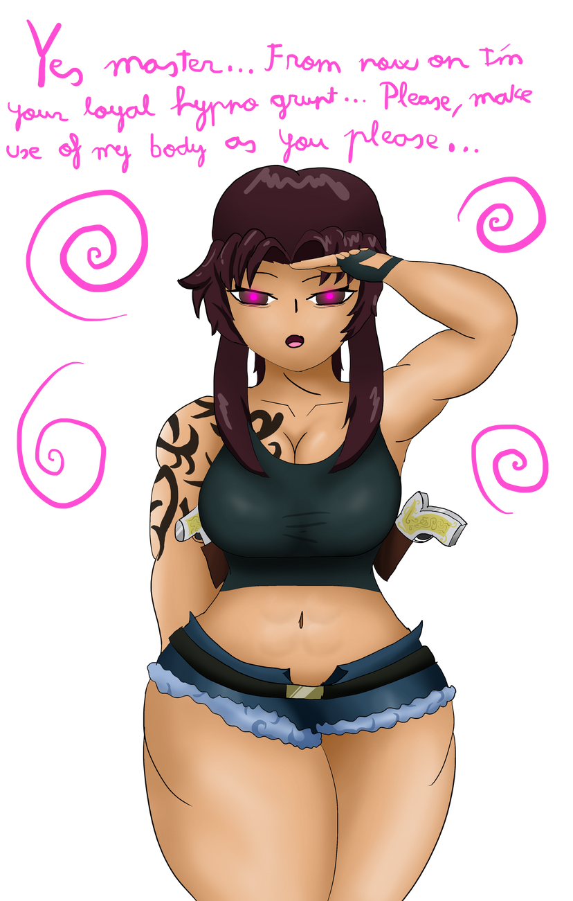 black_hair black_lagoon brainwashing female female female_focus femsub hypnosis midriff mind_control revy_(character) saluting short_shorts spiral text