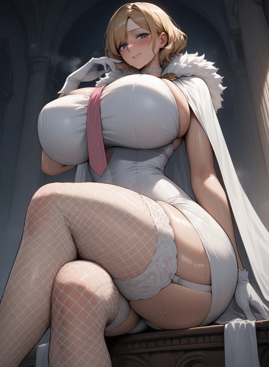 ai_generated bare_thighs blonde_hair blue_eyes breasts_bigger_than_head crossed_legs female female_only fishnets ganggang garter_belt gigantic_breasts huge_breasts huge_thighs light-skinned_female light_skin looking_down low-angle_view massive_breasts oiled_body oiled_skin one_piece one_piece:_egghead_arc pawg short_hair solo_female squatting stussy_(one_piece) sweat sweatdrop thick_body thick_female thick_thighs thighs thighs_bigger_than_head voluptuous voluptuous_female