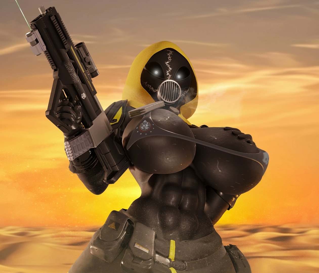 1girls 2020s 2024 2d 2d_(artwork) 3d 3d_(artwork) 5_fingers abs areola areolae female female_focus female_only gas_mask gloves gun helldiver_(helldivers) helldivers_2 hi_res highres hips kein_wal looking_at_viewer mask masked masked_female meh-chan_(lamoz571) midriff navel nipple_bulge solo solo_female solo_focus steam sweat sweating sweaty toned_stomach wide_hips