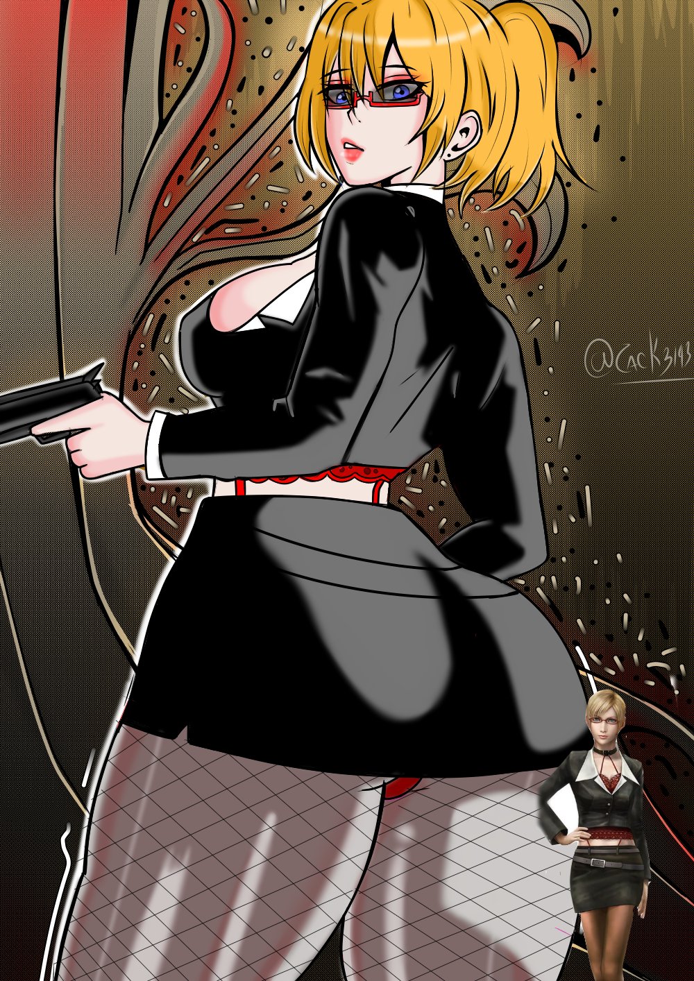 1girls alternate_costume ass aya_brea blonde_hair blue_eyes breasts business_suit cleavage fishnets glasses gun lingerie office_lady official_alternate_costume parasite_eve parasite_eve_the_3rd_birthday pistol square_enix tagme tied_hair weapons zack3143