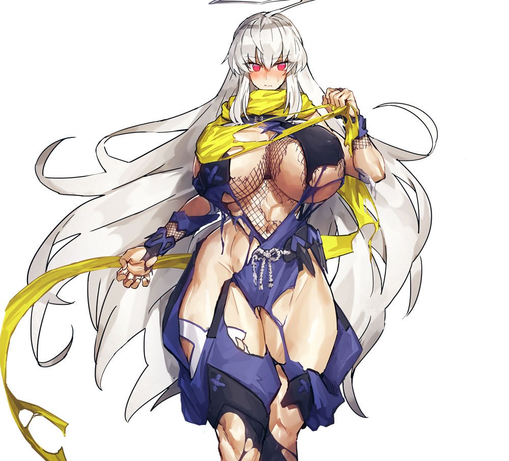 abs, ahoge, blush, breasts, curvy, damaged clothes, damaged clothing, female, fishnets, huge breasts, kunoichi, massive breasts, melon22, muscular, muscular female, muscular thighs, naughty face, ninja, red eyes, revealing clothes, revealing outfit, ripped clothing, ripped fishnets, scarf, seductive, silver hair, sweatdrop, thick thighs