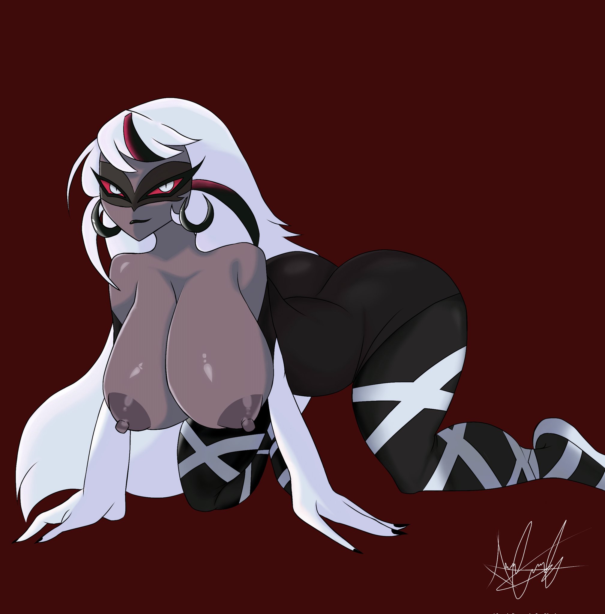 1girls, big breasts, breasts, carmilla carmine, clothed, clothing, demon, female, female only, grey skin, hazbin hotel, legwear, looking at viewer, mature female, milf, nipples, partially clothed, smile, solo, thick thighs, white hair, wondexart