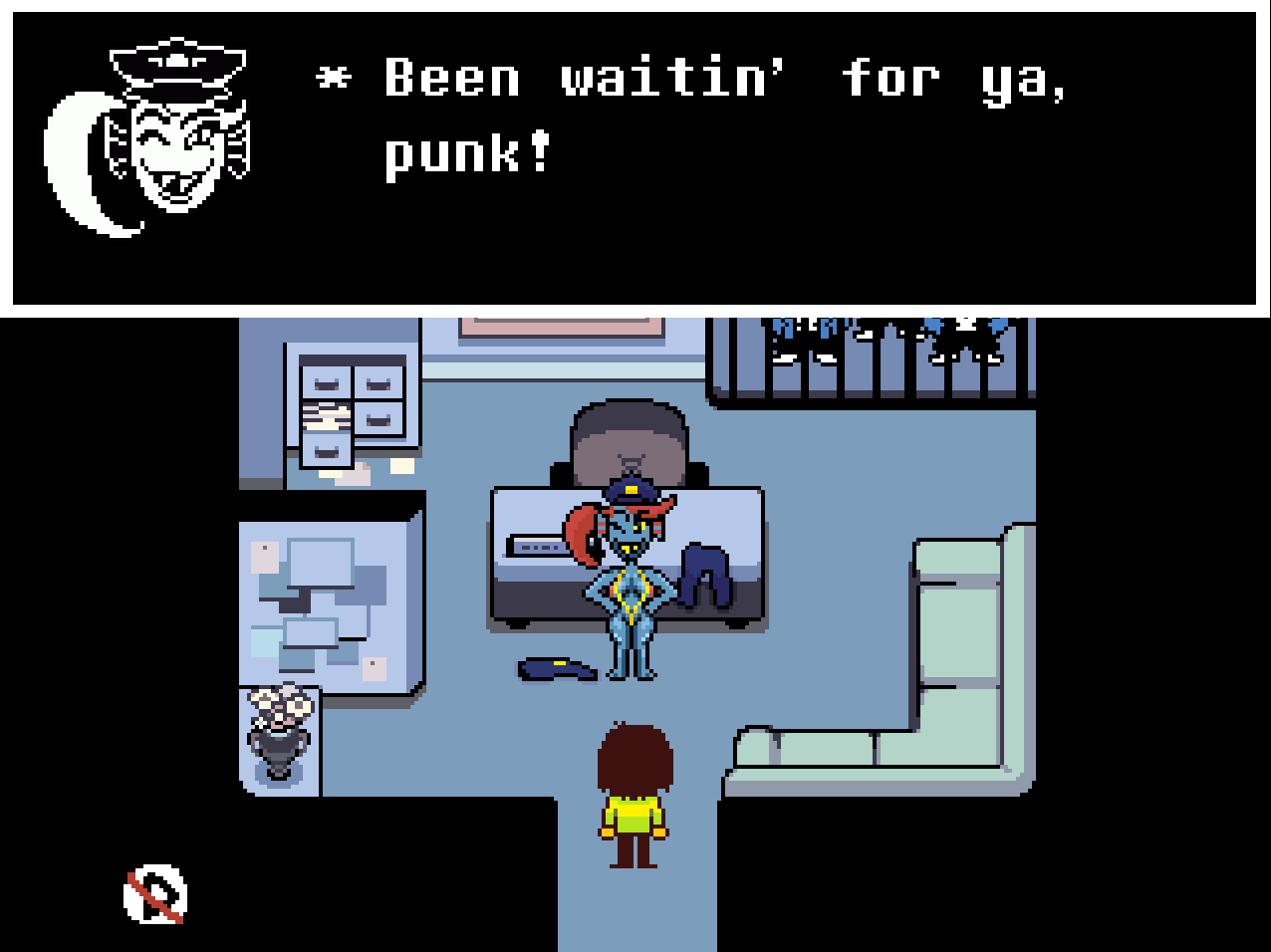 clothes_on_floor deltarune dialogue kris_(deltarune) nipples nsfwfromd pixel_art string_bikini undyne undyne_(deltarune)