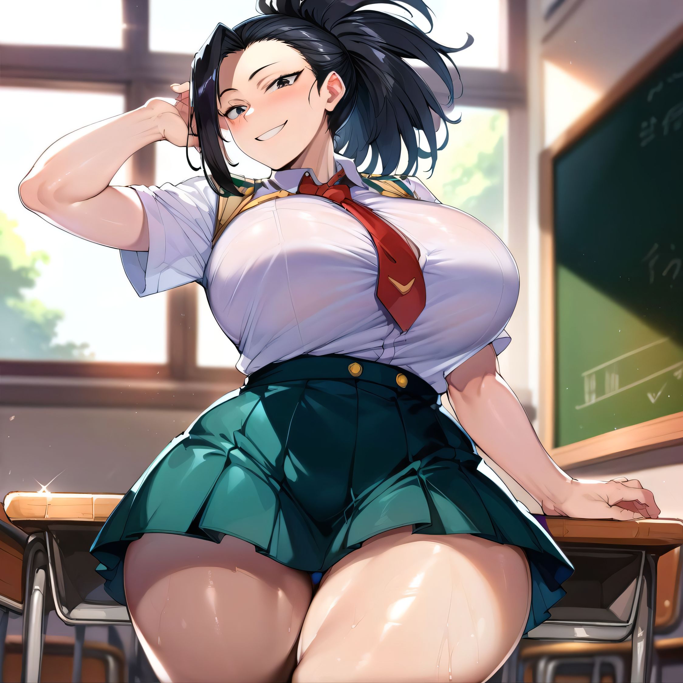 1girls, ai generated, alternate breast size, big breasts, breasts, busty, curvaceous, curvy, curvy body, curvy female, curvy figure, female, huge breasts, large breasts, momo yaoyorozu, my hero academia, nipples, school uniform, skirt, solo, sweat, sweating, sweaty, sweaty body, sweaty breasts, thick thighs, thighs, yaoyorozu momo