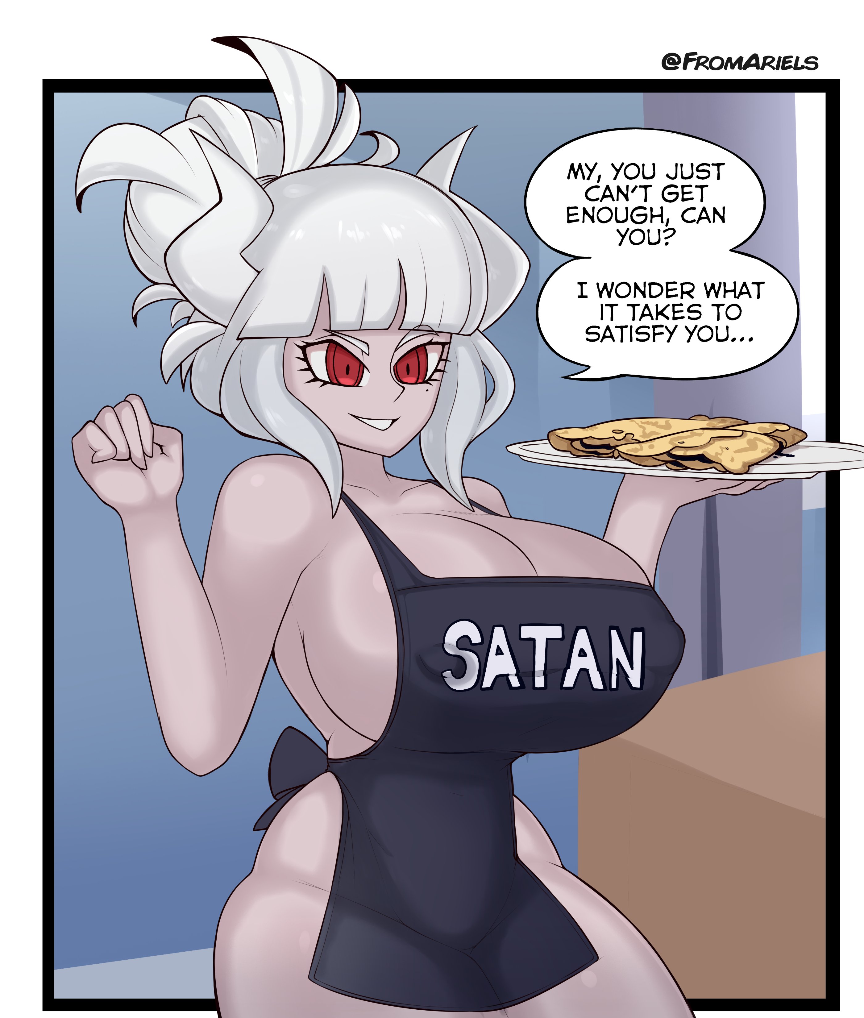 1girls, 2024, 2d, 2d (artwork), 2d artwork, apron, apron only, big breasts, big thighs, breasts, color, demon, demon girl, demon horns, erect nipples, erect nipples under clothes, female, fromariels, helltaker, holding, holding object, huge breasts, huge thighs, hyper, hyper breasts, large breasts, light skin, light-skinned female, long hair, looking at another, looking away, lucifer (helltaker), nipples, pale skin, pale-skinned female, pink skin, plate, pony tail, ponytail, shiny ass, shiny breasts, shiny butt, shiny hair, shiny skin, smile, smiling, solo, solo female, text, text bubble, thighs, white hair, white skin, white skinned female, white-skinned female