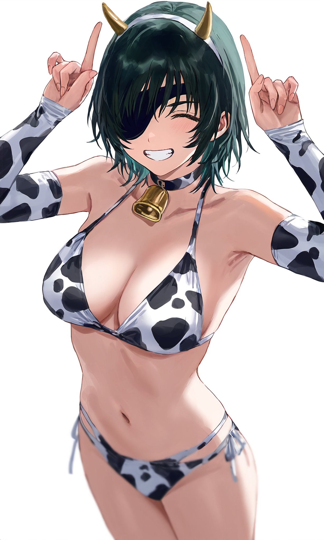 1girls bare_shoulders bell_collar belly_button big_breasts bikini blush bob_cut chainsaw_man closed_eyes cow_bikini cow_print cow_print_armwear cow_print_bikini cowbell eyepatch fake_horns female_focus female_only finger_horns flat_stomach happy happy_female himeno_(chainsaw_man) horns index_finger_raised smile smiling solo solo_female solo_focus tagme