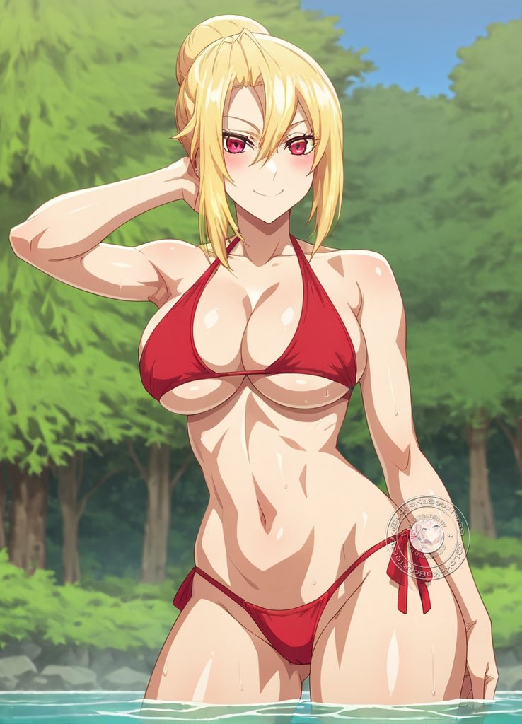 ai_generated angelica_rapha_redgrave bikini light-skinned_female lokokabooster69 medium_breasts otome_game_sekai_wa_mob_ni_kibishii_sekai_desu pointy_chin red_bikini red_eyes smile standing yellow_hair