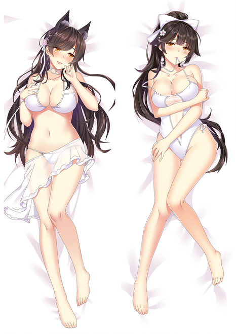 2girls artist_request atago_(azur_lane) atago_(summer_march)_(azur_lane) azur_lane bikini black_hair light-skinned_female light_skin looking_at_viewer lying_on_bed multiple_girls sakura_empire_(azur_lane) sisters smiling smiling_at_viewer swimsuit takao_(azur_lane) takao_(beach_rhapsody)_(azur_lane) white_bikini white_swimsuit yellow_eyes